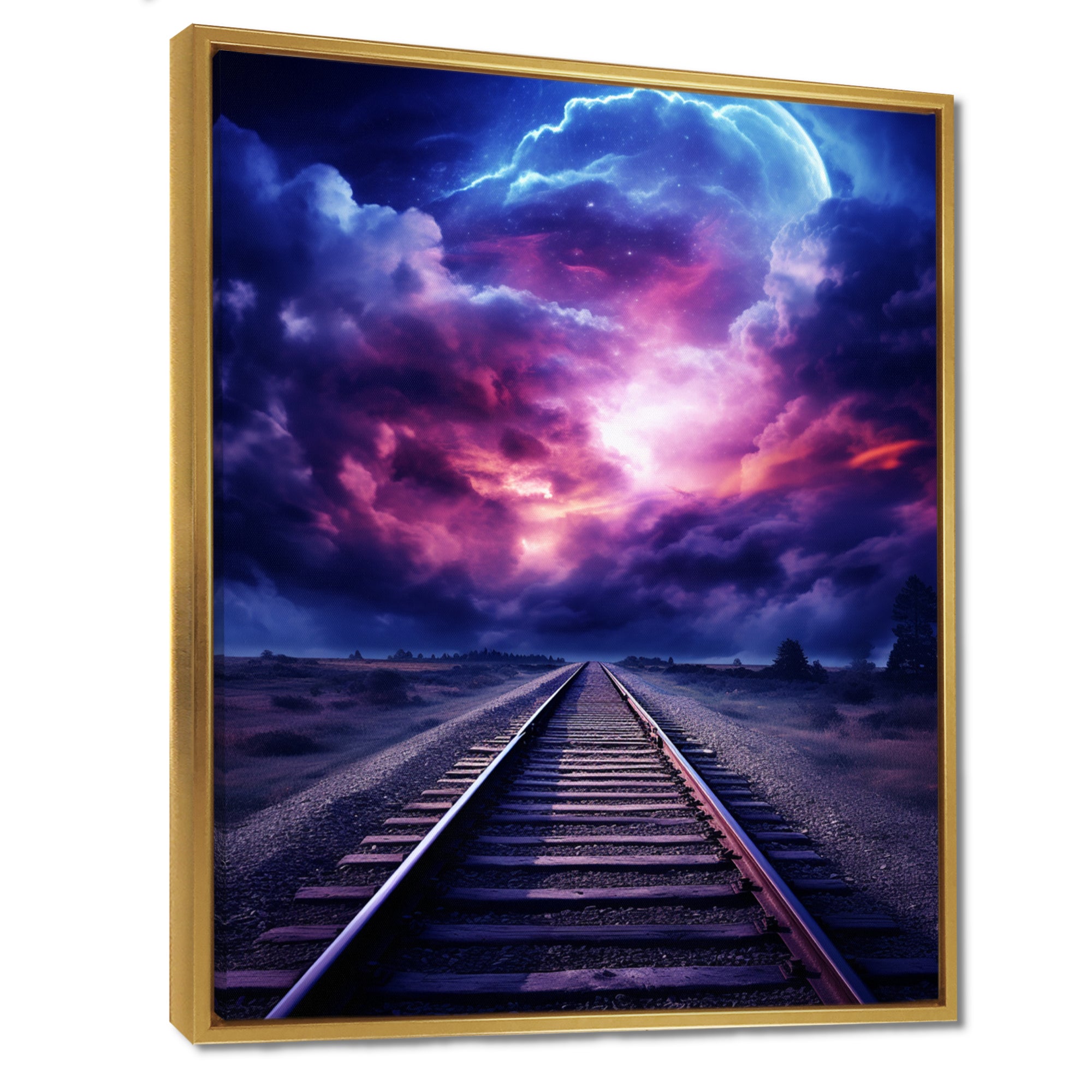 Purple Lavender Train Tracks Fuchsia Sunset Clouds I - Train Canvas Wall Art