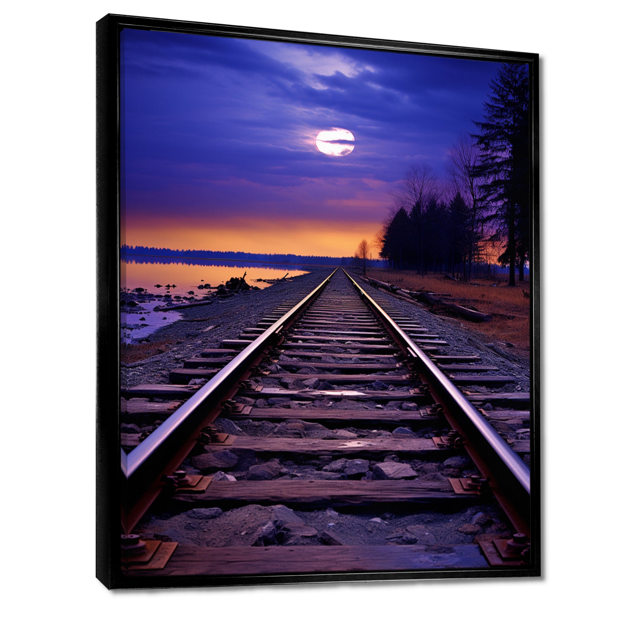 Purple Train Tracks To The Full Moon - Train Canvas Wall Art
