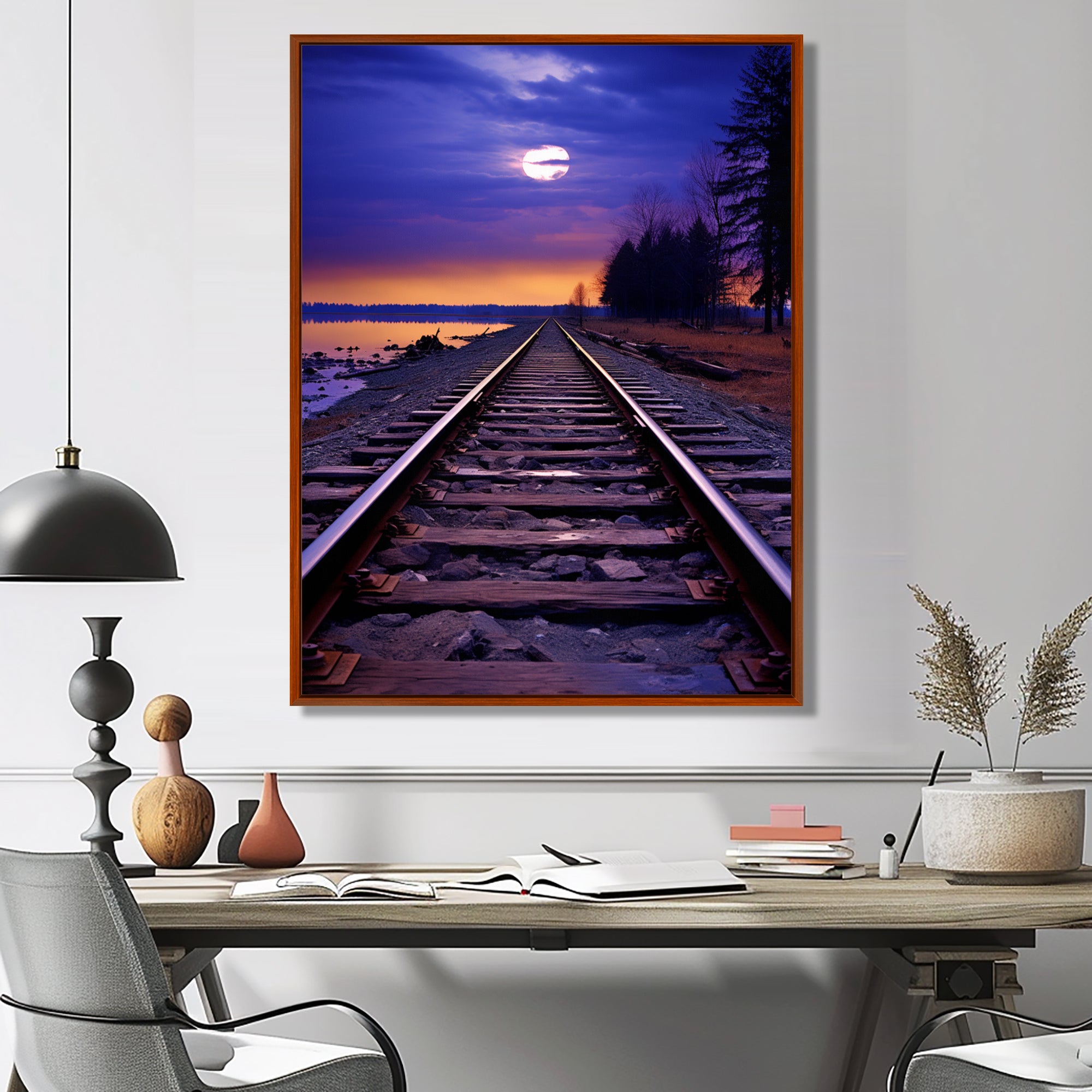 Purple Train Tracks To The Full Moon - Train Canvas Wall Art