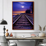 Purple Train Tracks To The Full Moon - Train Canvas Wall Art