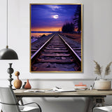 Purple Train Tracks To The Full Moon - Train Canvas Wall Art