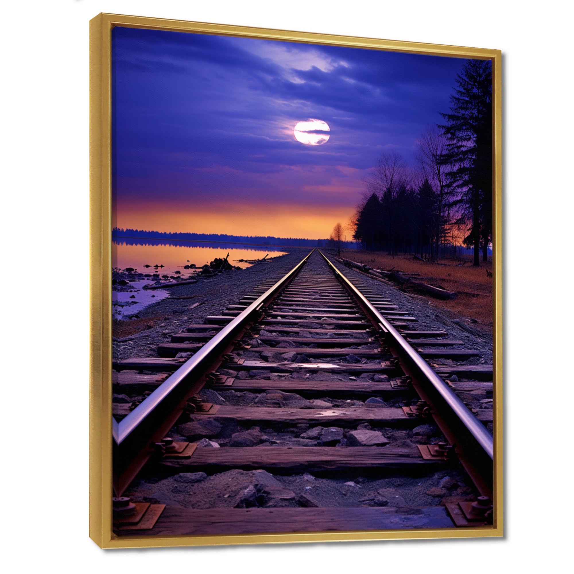 Purple Train Tracks To The Full Moon - Train Canvas Wall Art