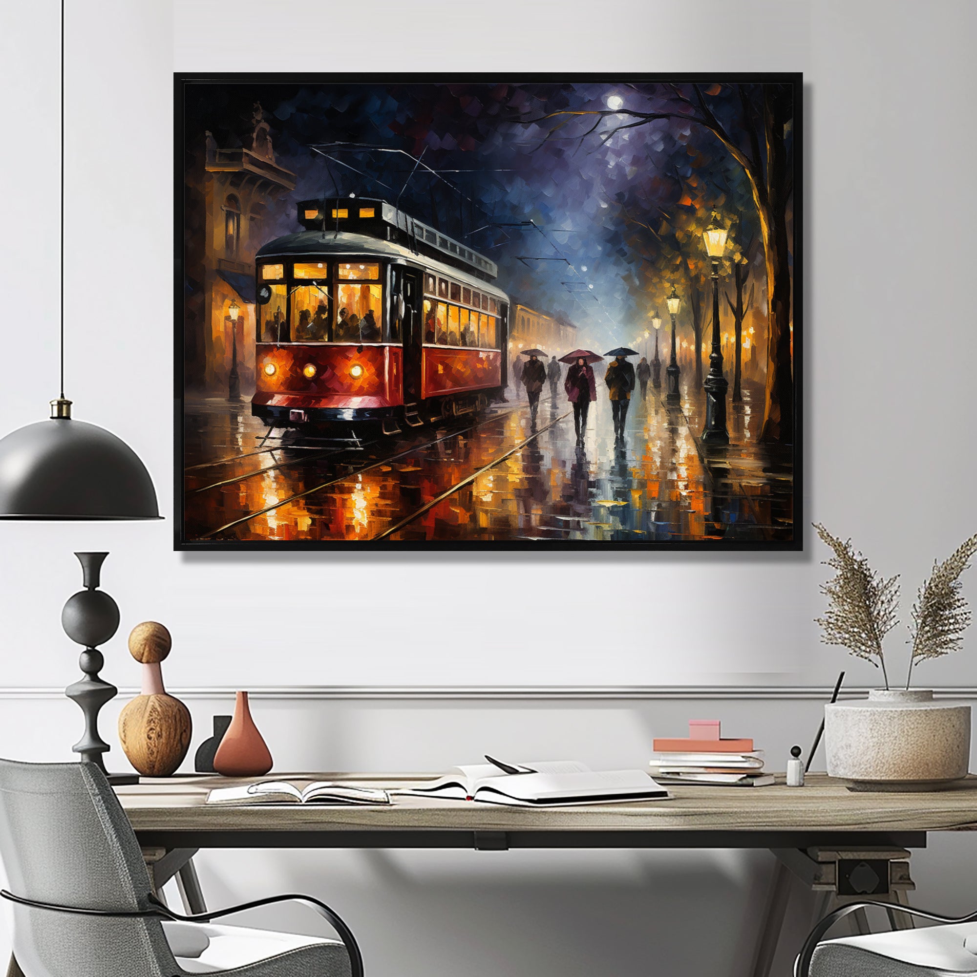 Vintage Tram Rainy Evening Paris - Train Canvas Wall Art