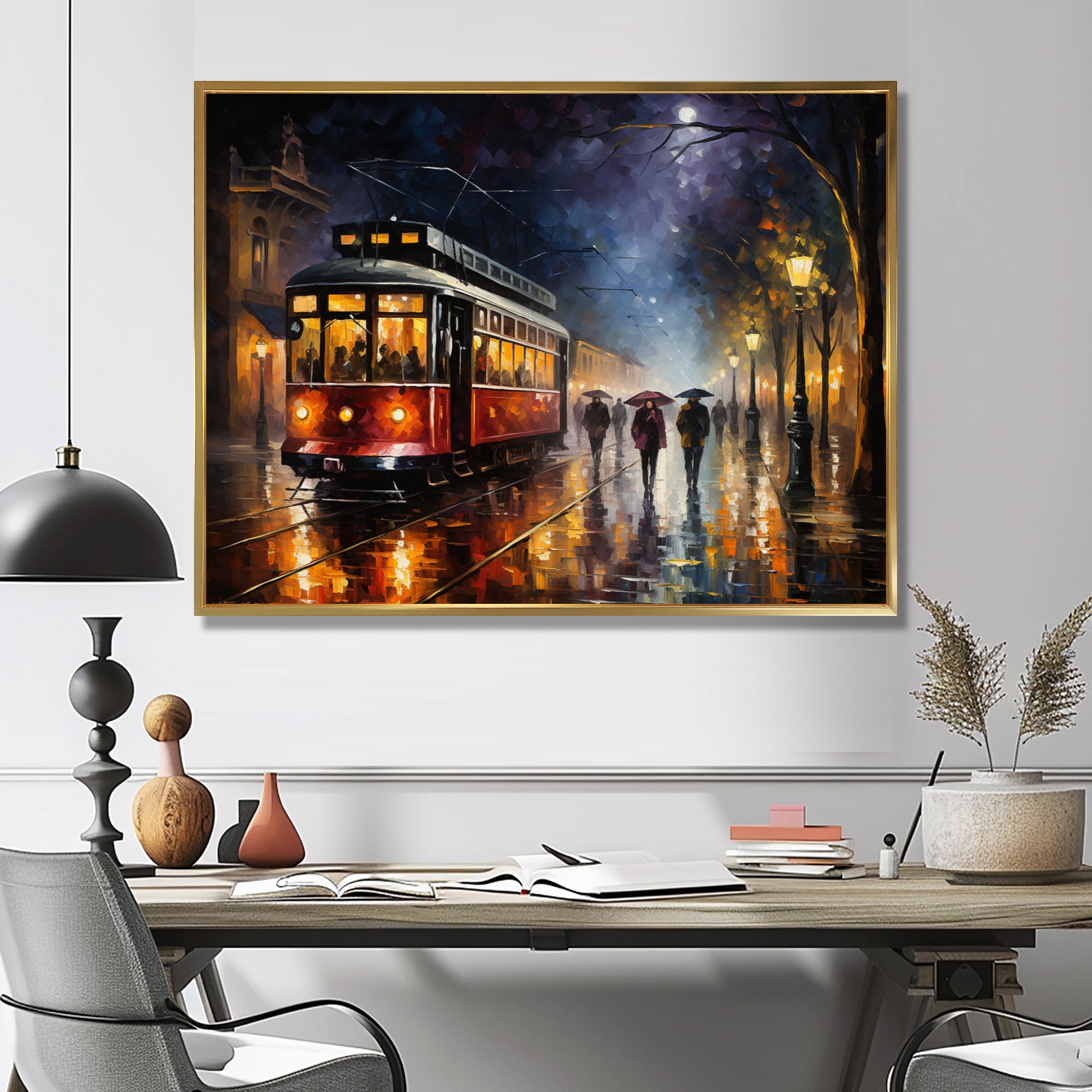 Vintage Tram Rainy Evening Paris - Train Canvas Wall Art