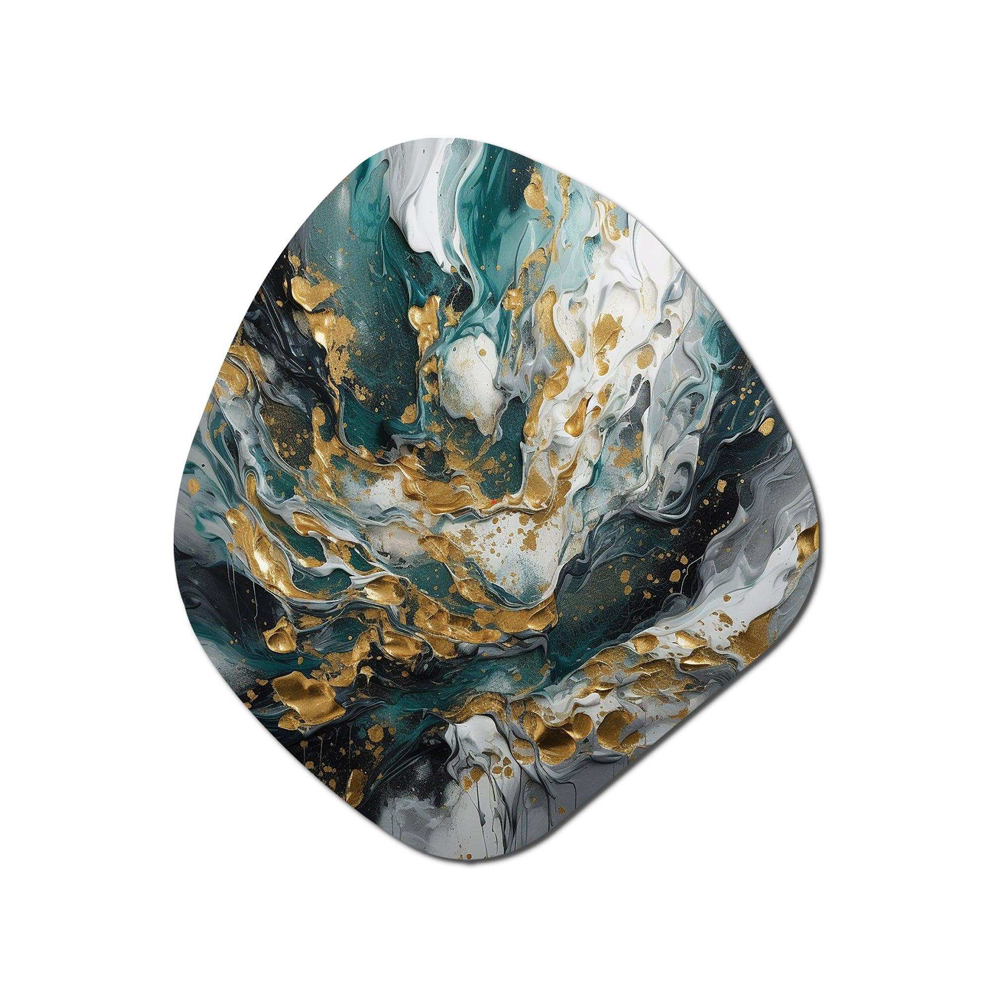 Gold Teal Ink On Stone - Asymmetric Metal Wall Art