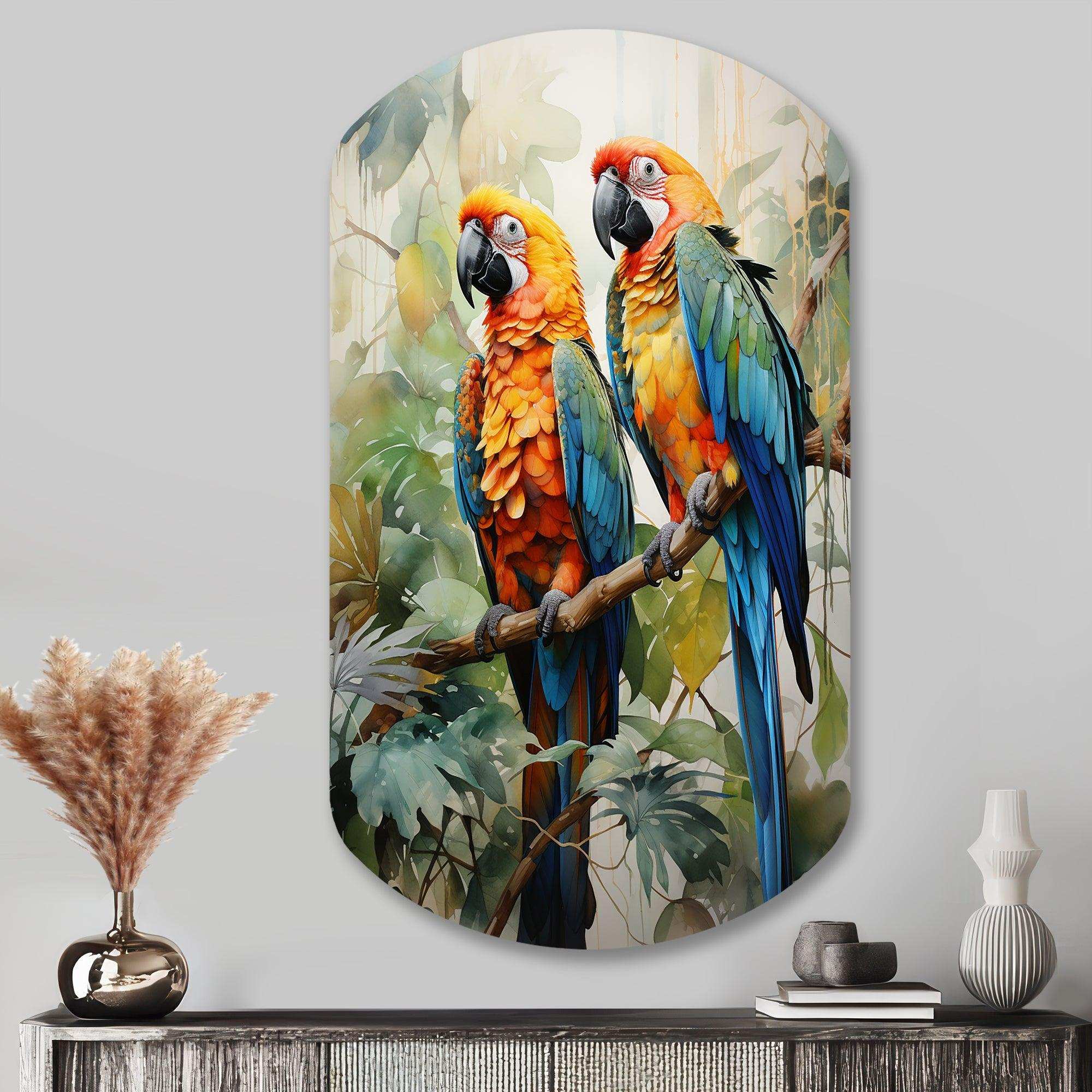 Two Parrots On Branch I - Asymmetric Metal Wall Art