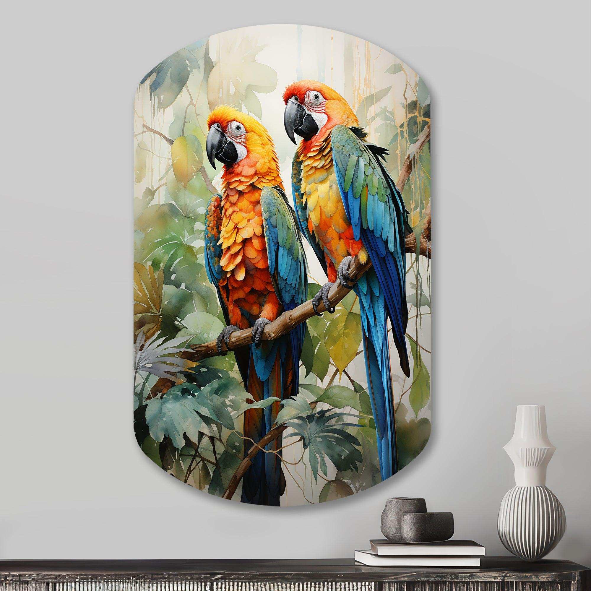 Two Parrots On Branch I - Asymmetric Metal Wall Art