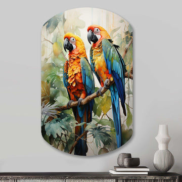 Two Parrots On Branch I - Asymmetric Metal Wall Art