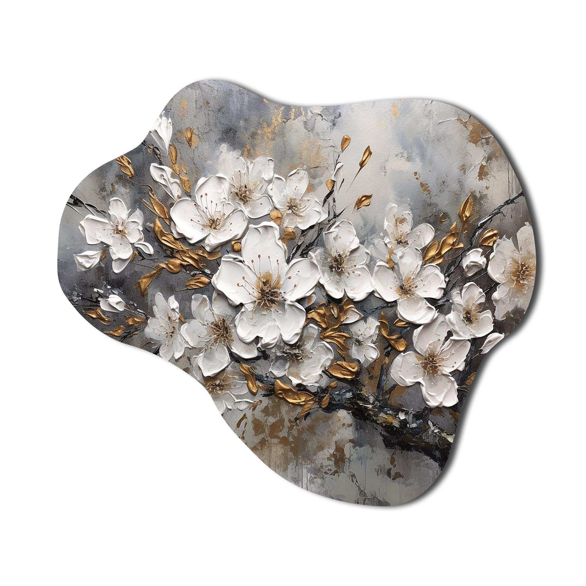 White Grey Cherry Blossum Harmony I - Asymmetric Metal Wall Art