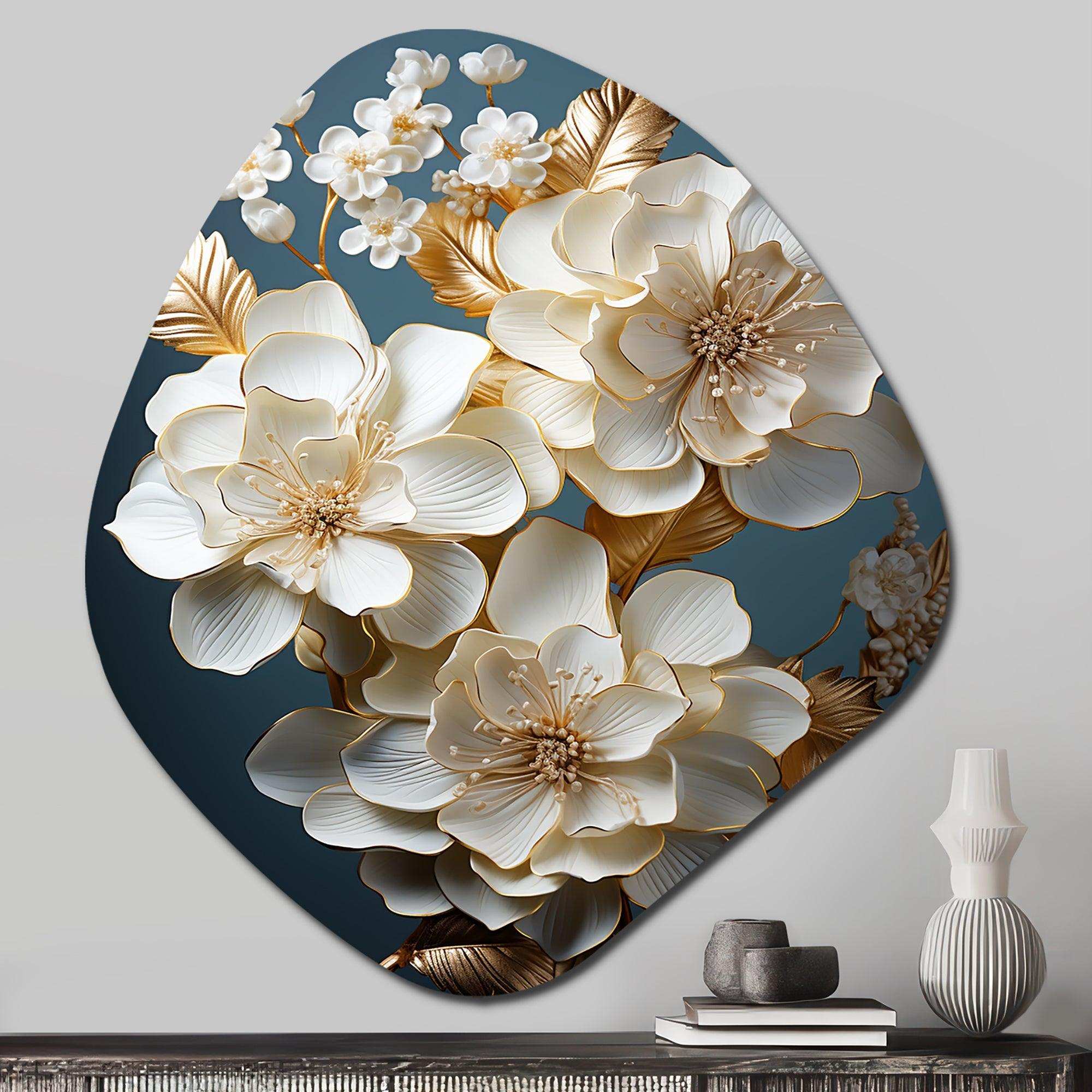 Baroque Hydrangea White And Gold I - Asymmetric Metal Wall Art
