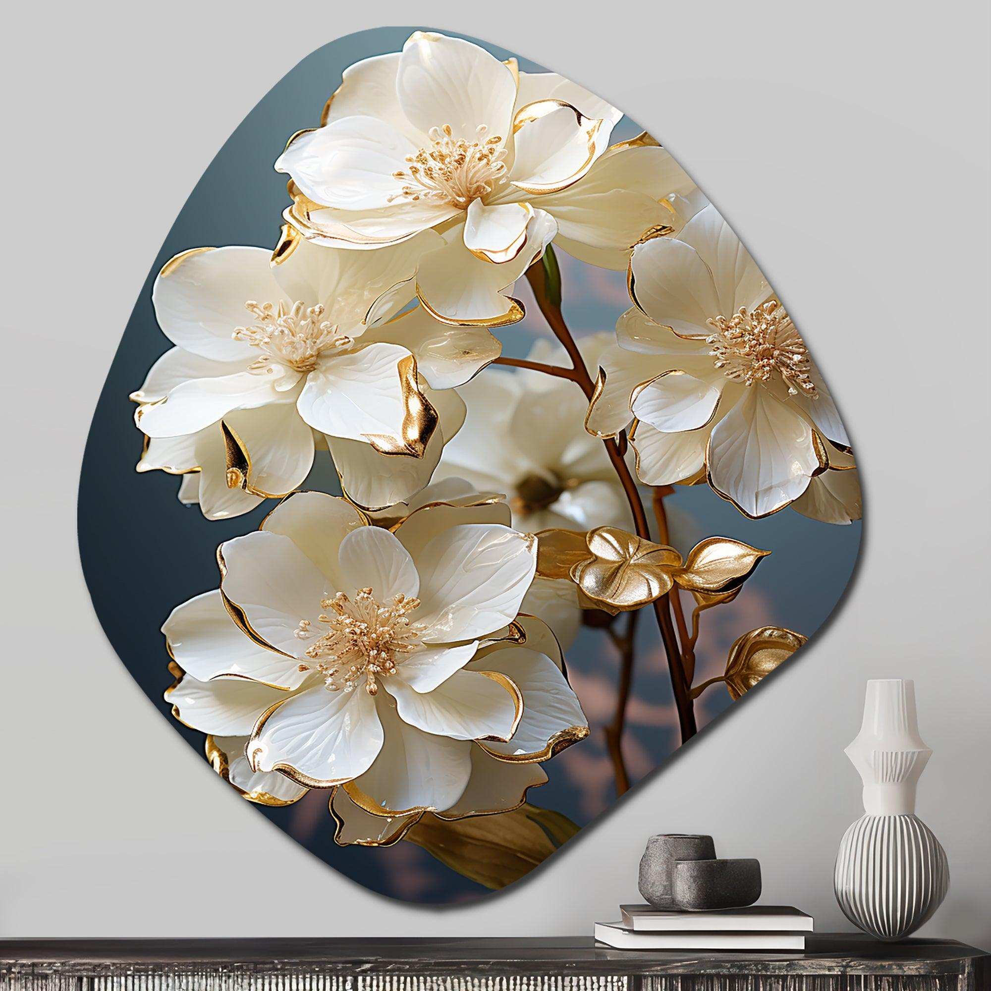Baroque Hydrangea White And Gold II - Asymmetric Metal Wall Art