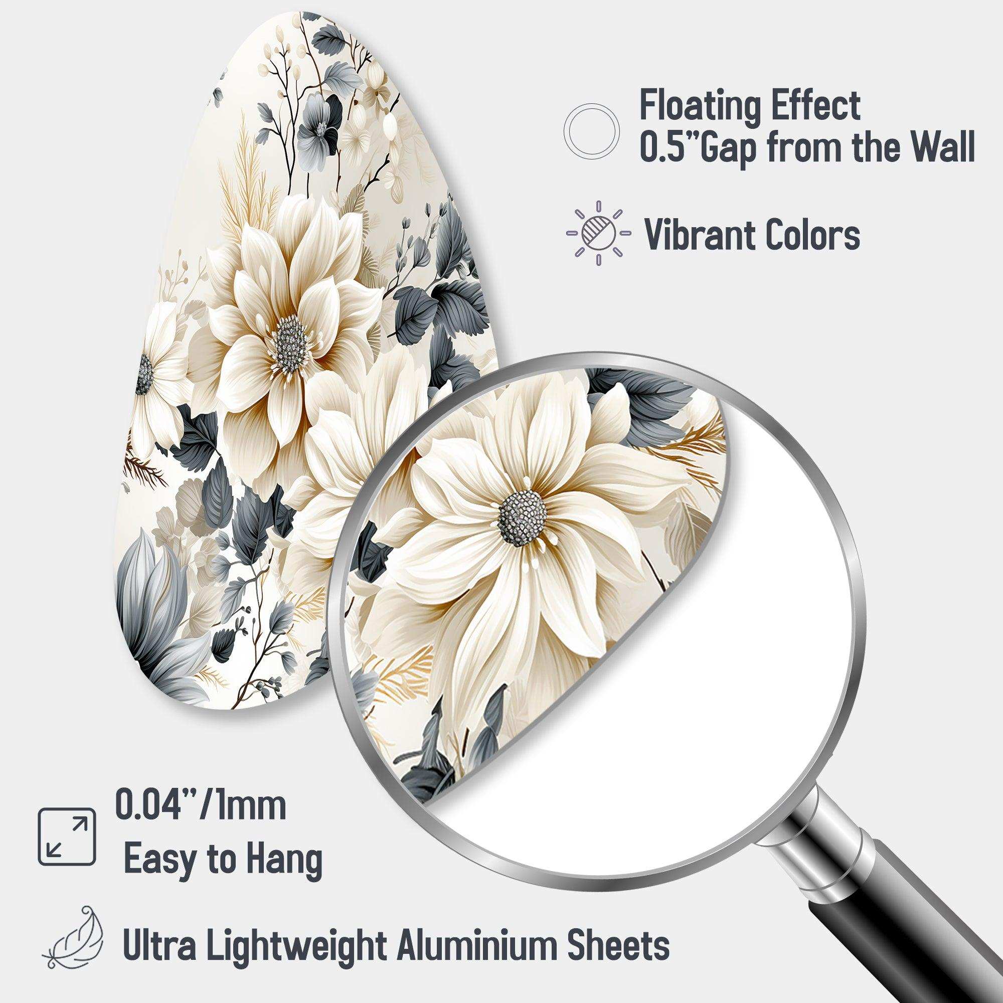 Ethereal Blue And White Chrysanthemum Boho Pattern - Asymmetric Metal Wall Art