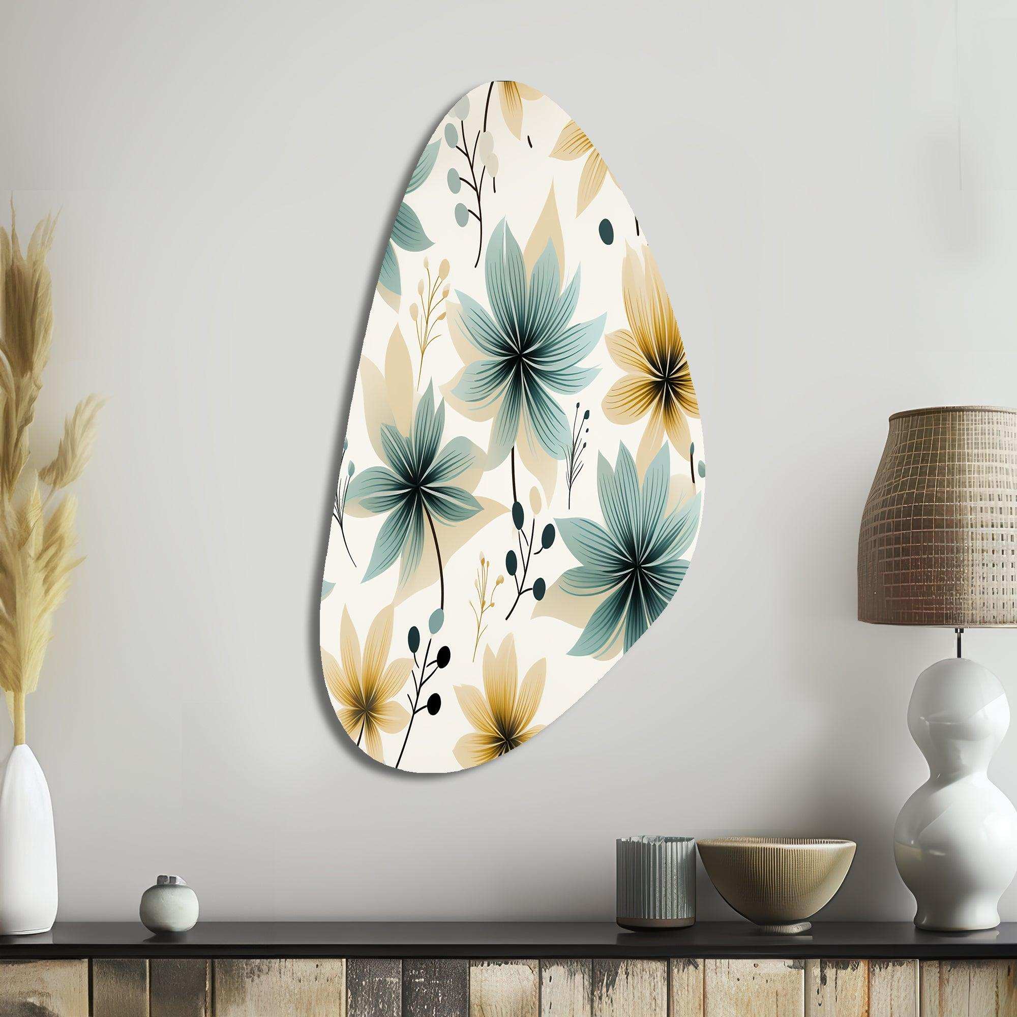 Teal & Beige Elegant Floral Pattern - Asymmetric Metal Wall Art