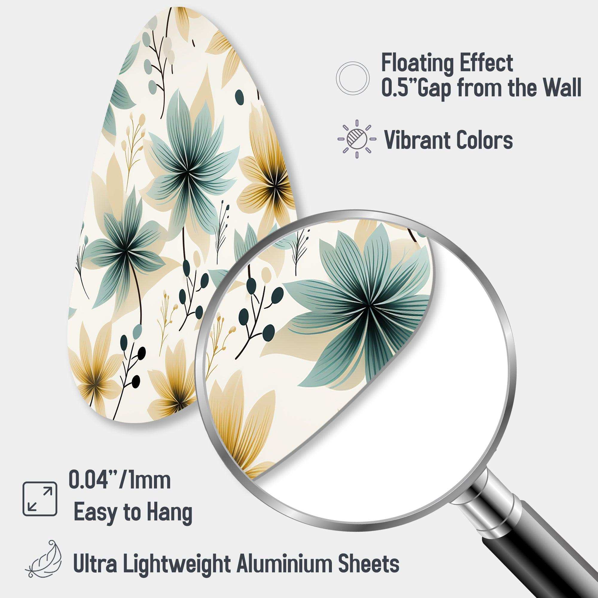 Teal & Beige Elegant Floral Pattern - Asymmetric Metal Wall Art