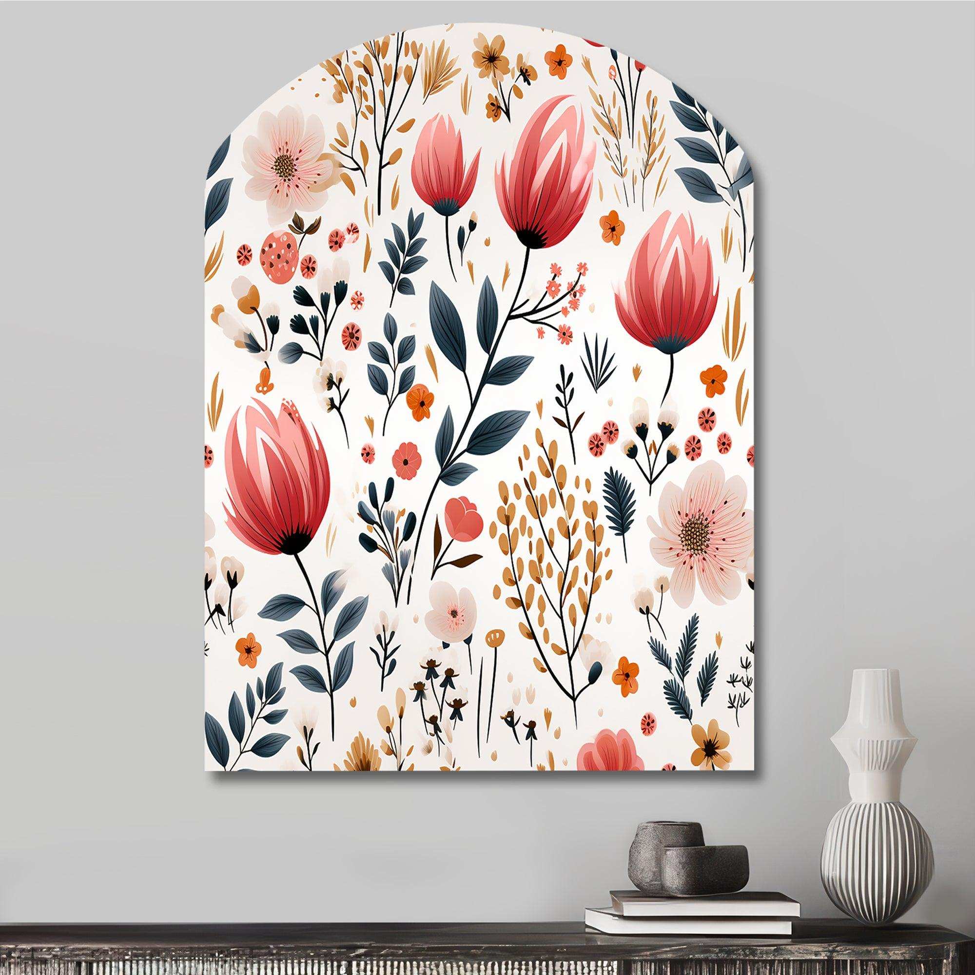 Rustic Pink Garden Charm Floral Pattern - Asymmetric Metal Wall Art