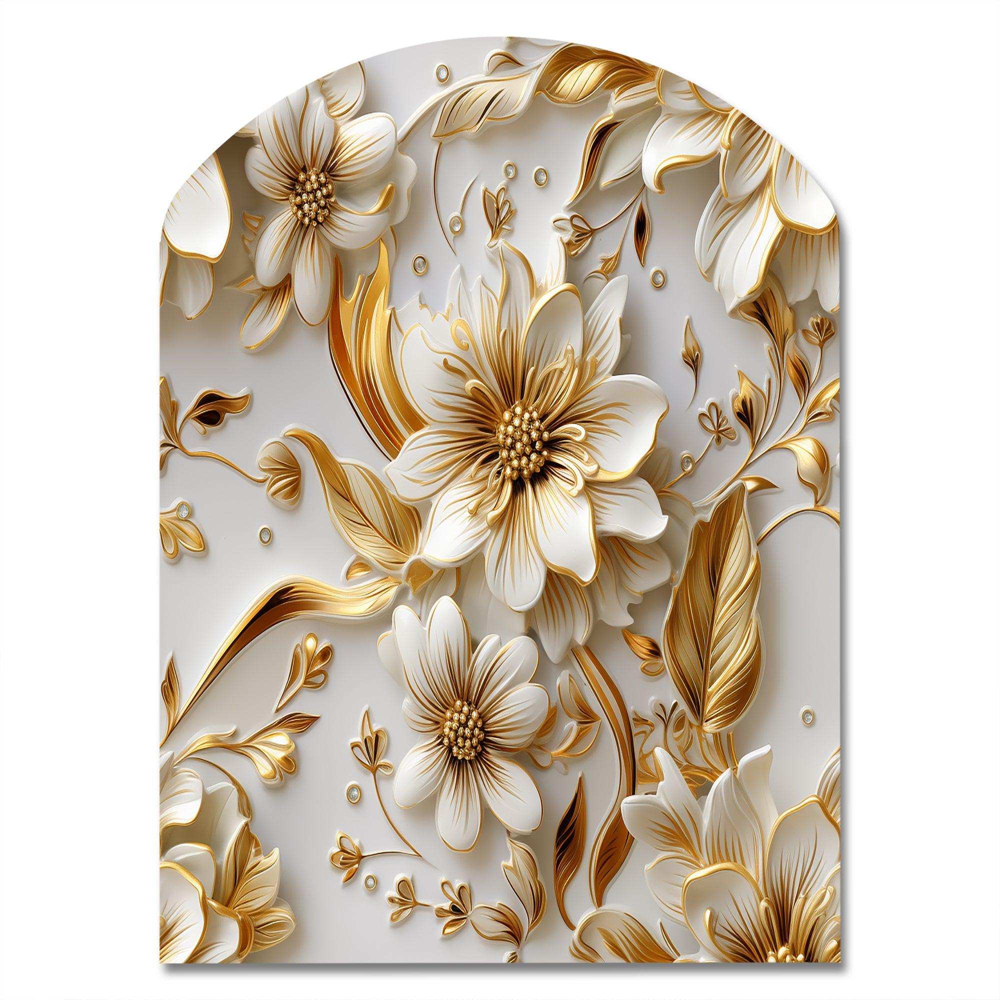 Golden White And Blue Flowers Elegance - Asymmetric Metal Wall Art