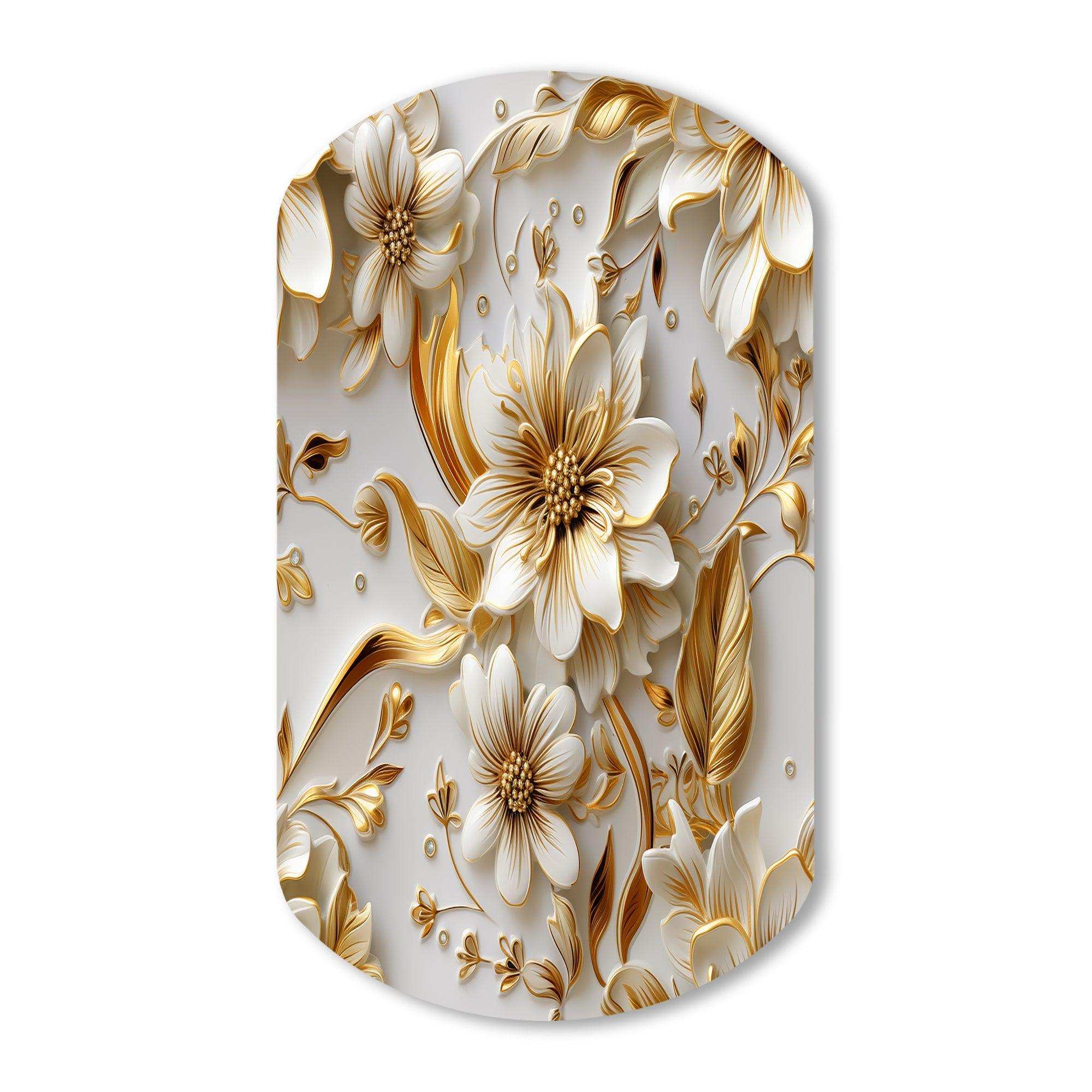 Golden White And Blue Flowers Elegance - Asymmetric Metal Wall Art