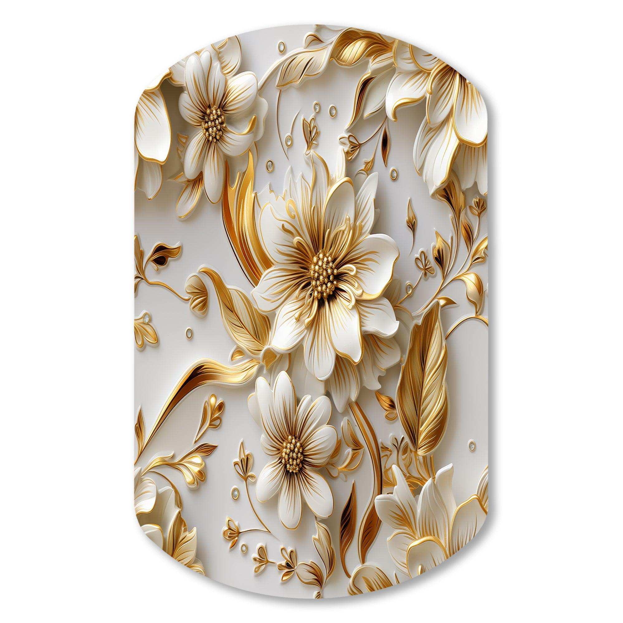 Golden White And Blue Flowers Elegance - Asymmetric Metal Wall Art