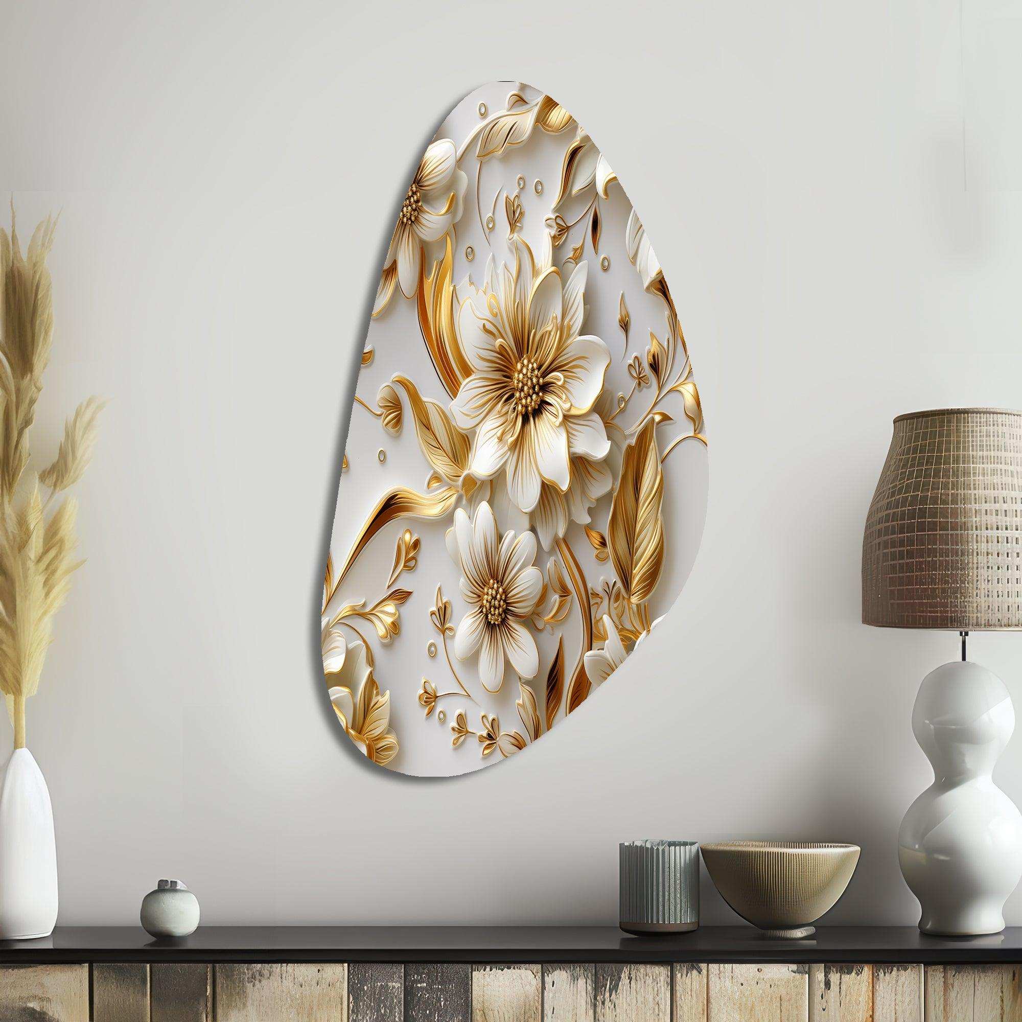 Golden White And Blue Flowers Elegance - Asymmetric Metal Wall Art