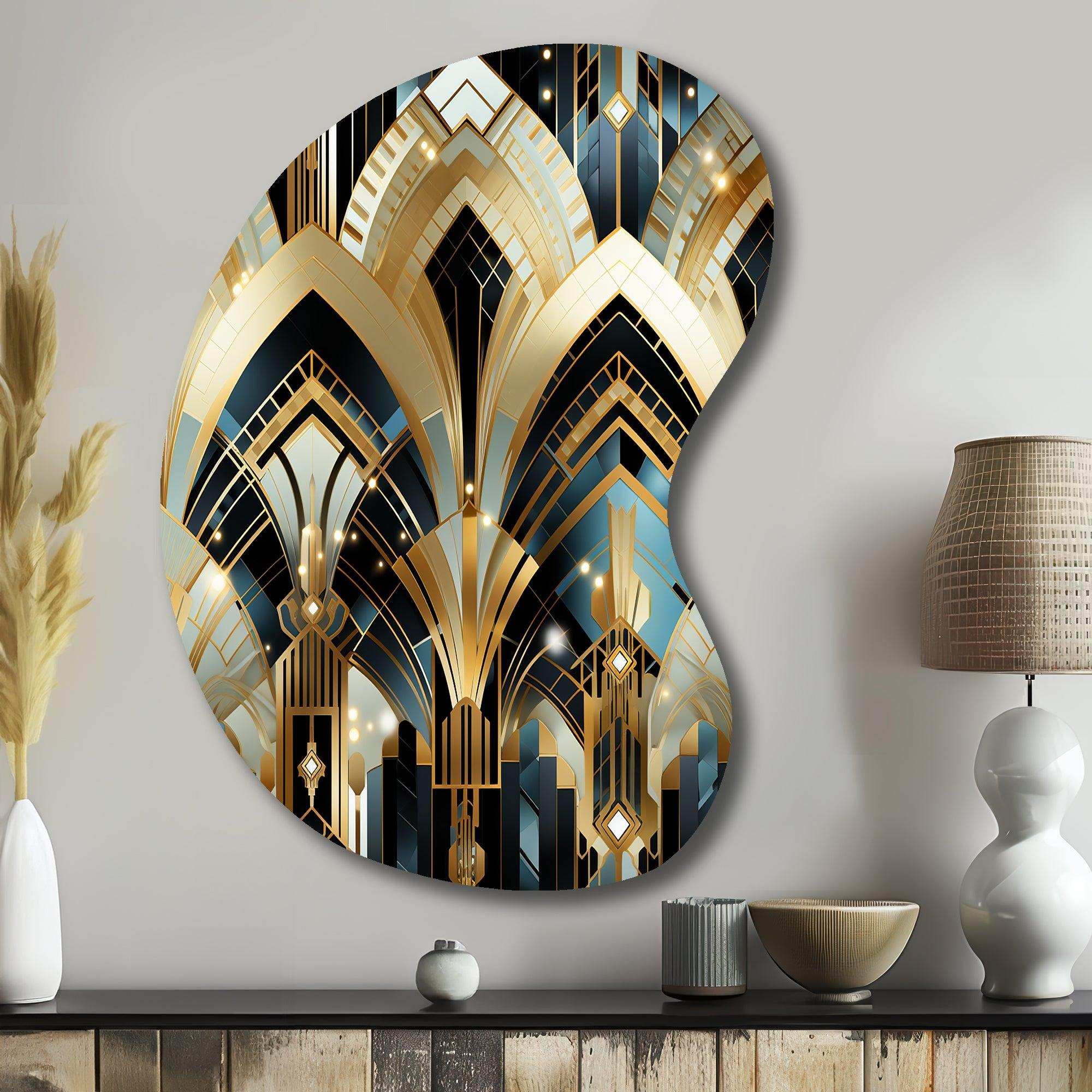 1970S Blue And Gold Damask Art Deco - Asymmetric Metal Wall Art