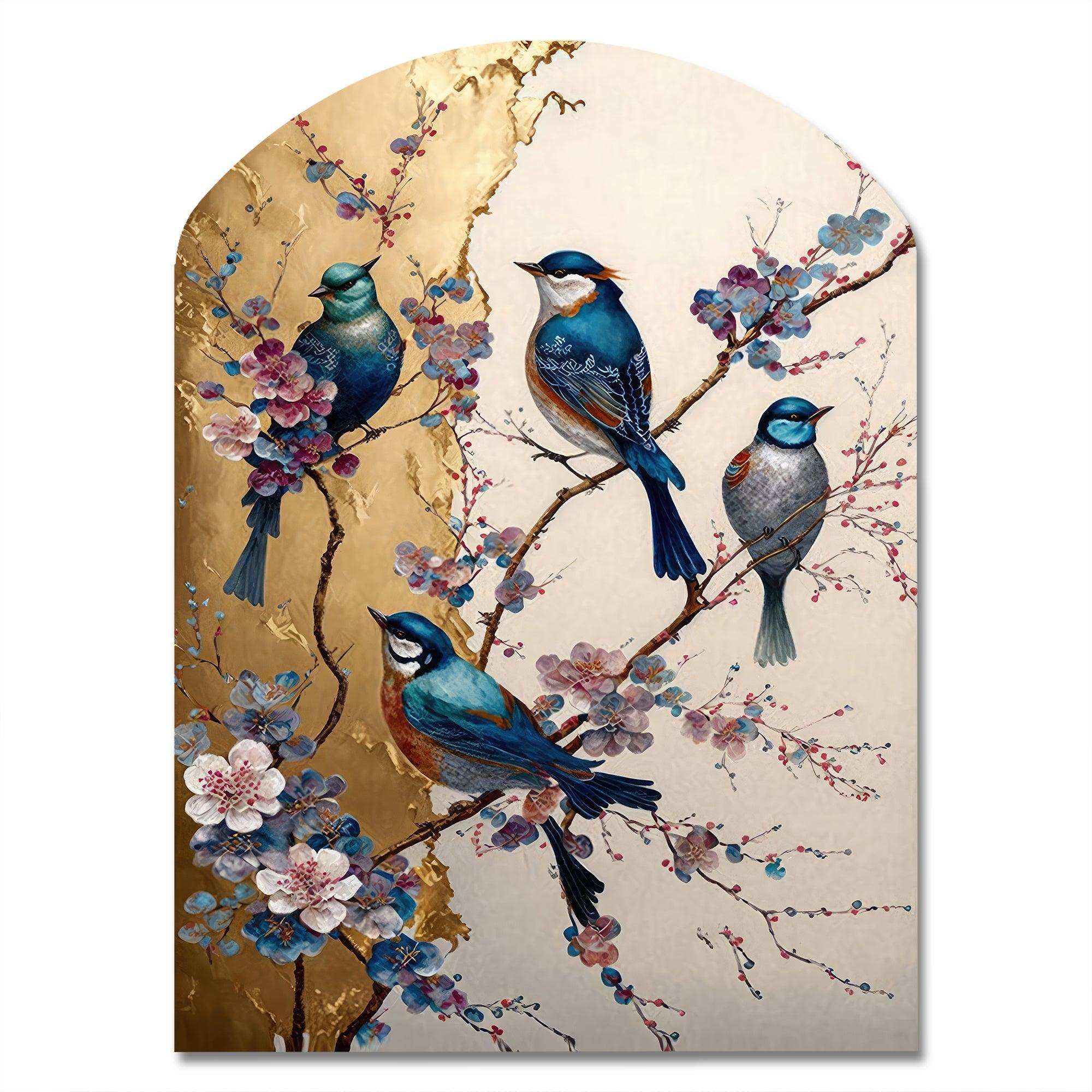 Multicolor Birds On Plum Blossoms Tree II - Asymmetric Metal Wall Art