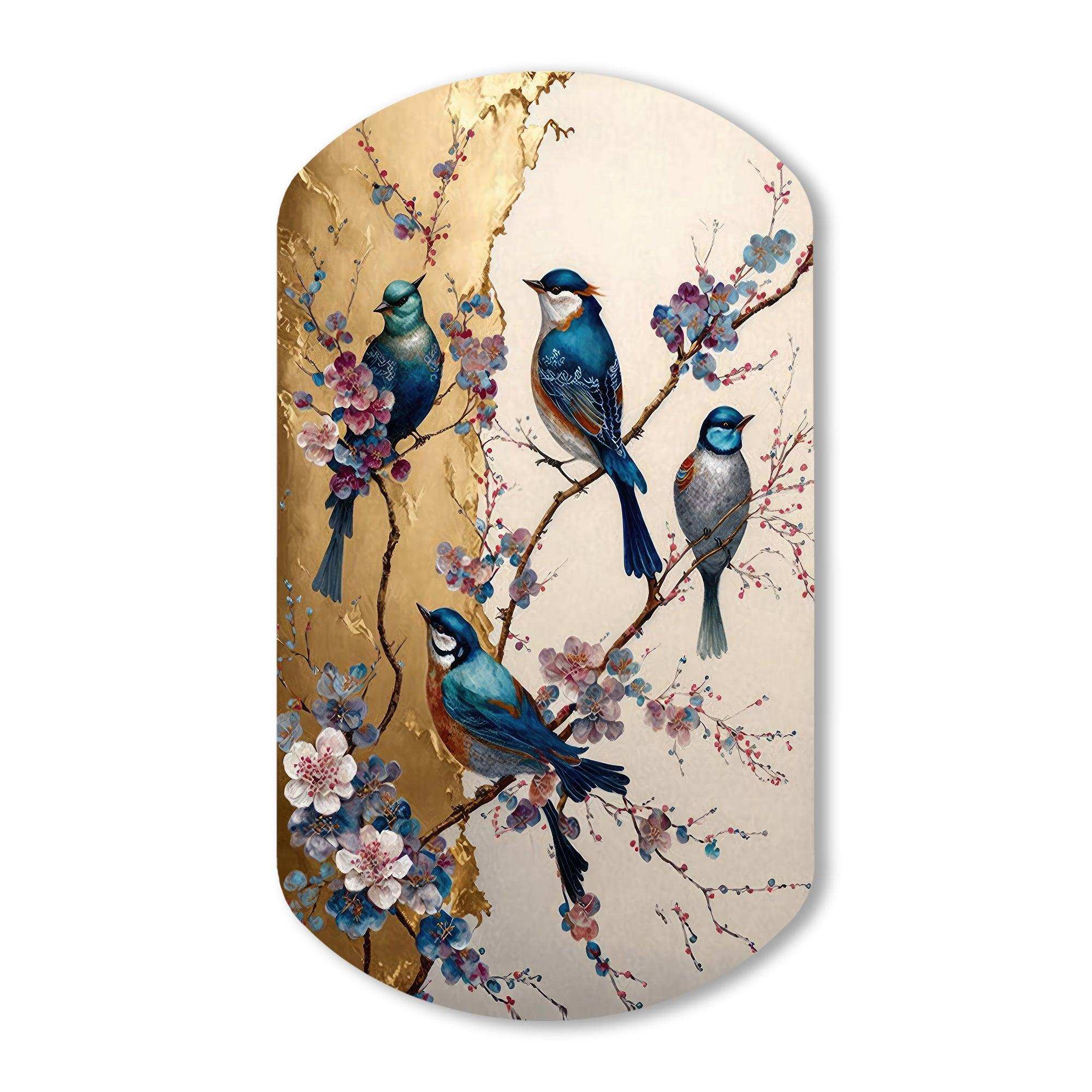 Multicolor Birds On Plum Blossoms Tree II - Asymmetric Metal Wall Art