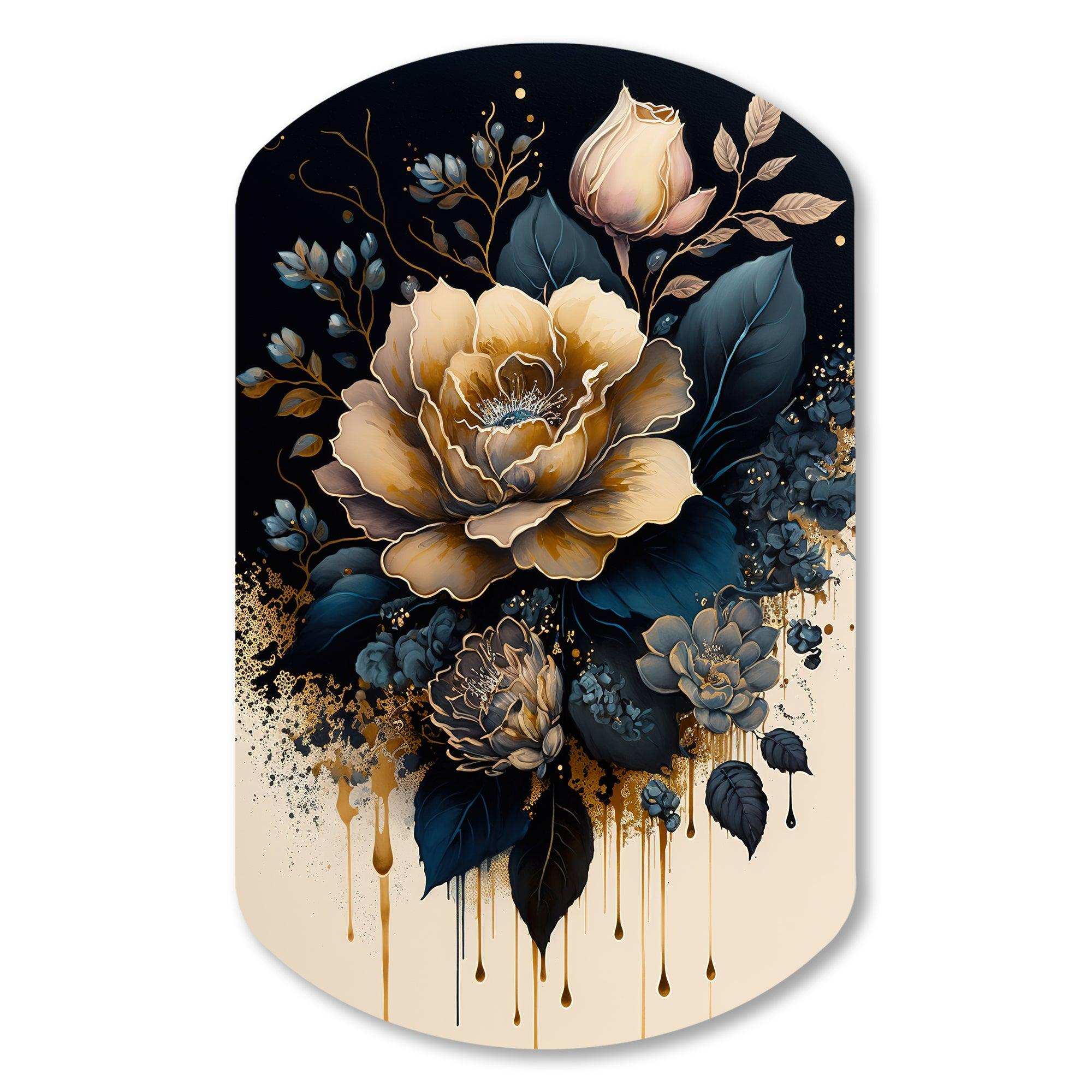 Navy Blue And Gold Rose I - Asymmetric Metal Wall Art