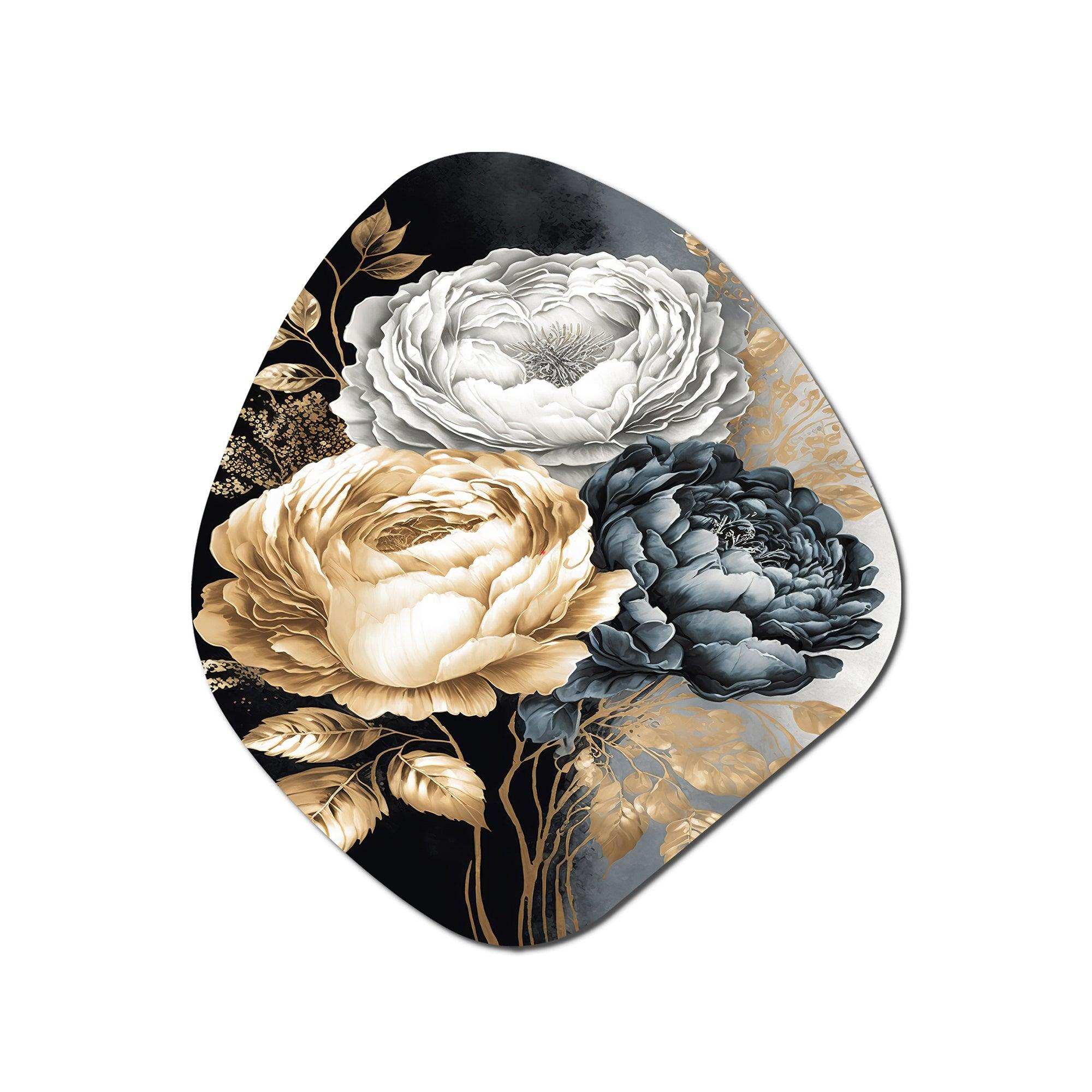 White, Gold And Black Rose Bouquet I - Asymmetric Metal Wall Art