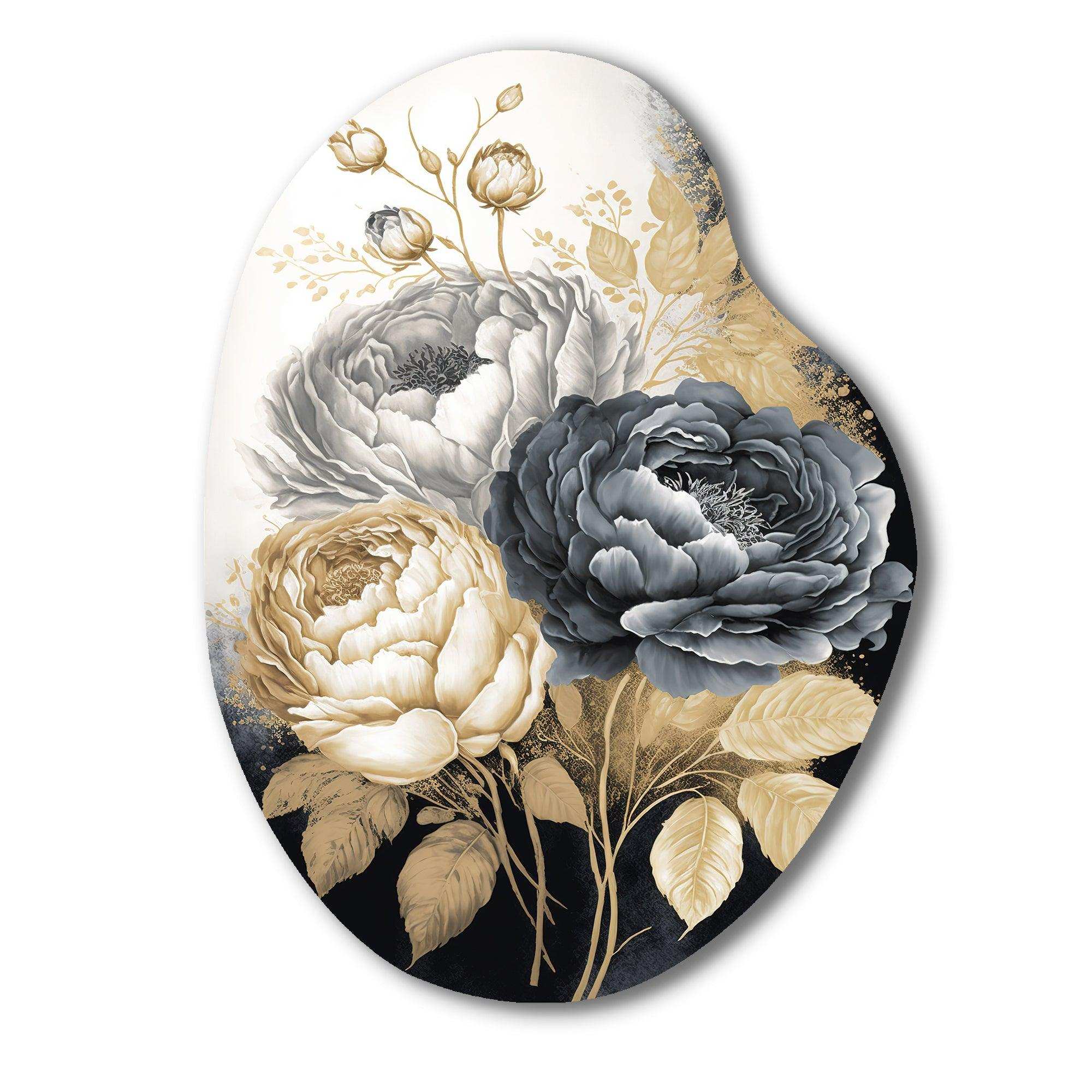 White, Gold And Black Rose Bouquet II - Asymmetric Metal Wall Art
