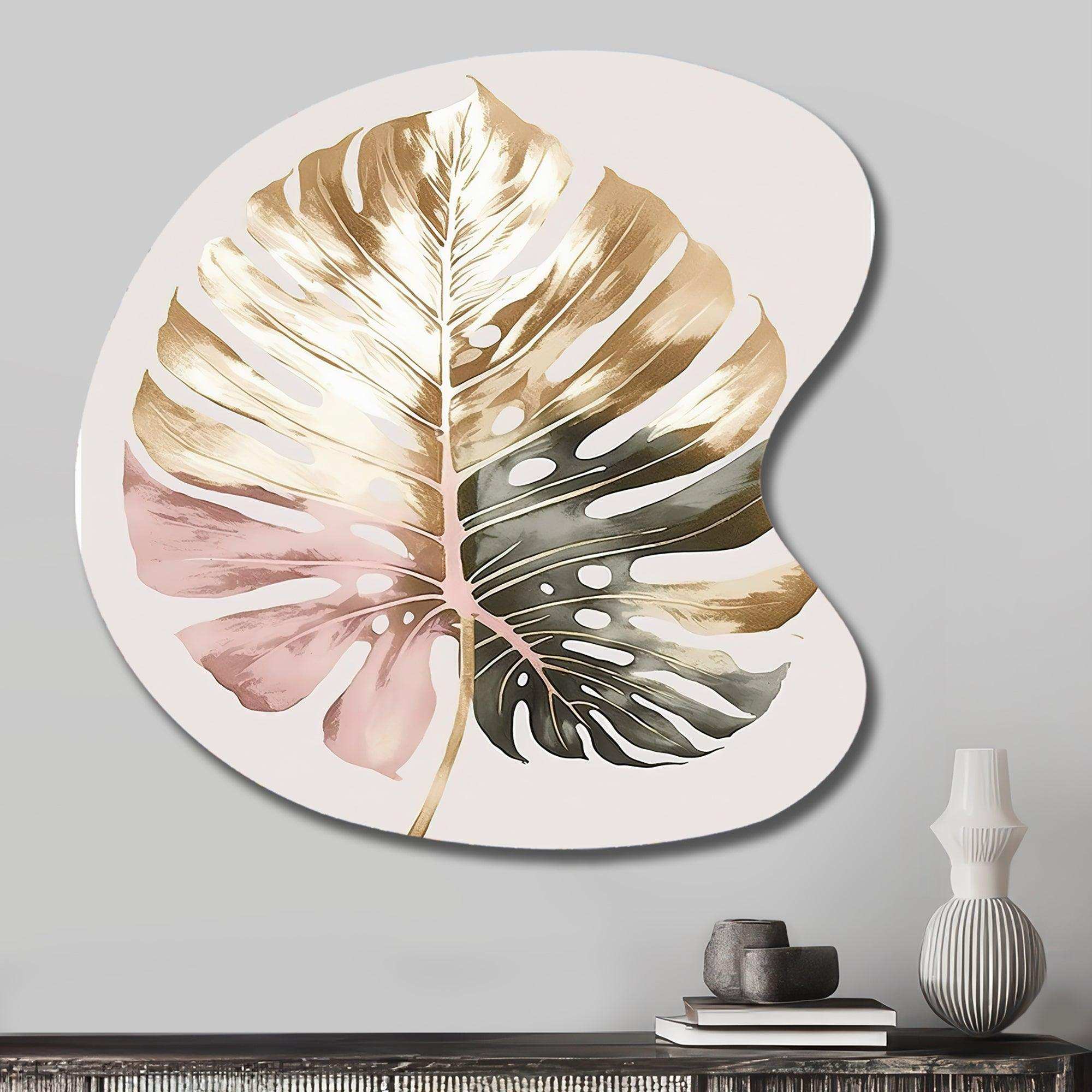 Gold And White Philodendron Leaf II - Asymmetric Metal Wall Art