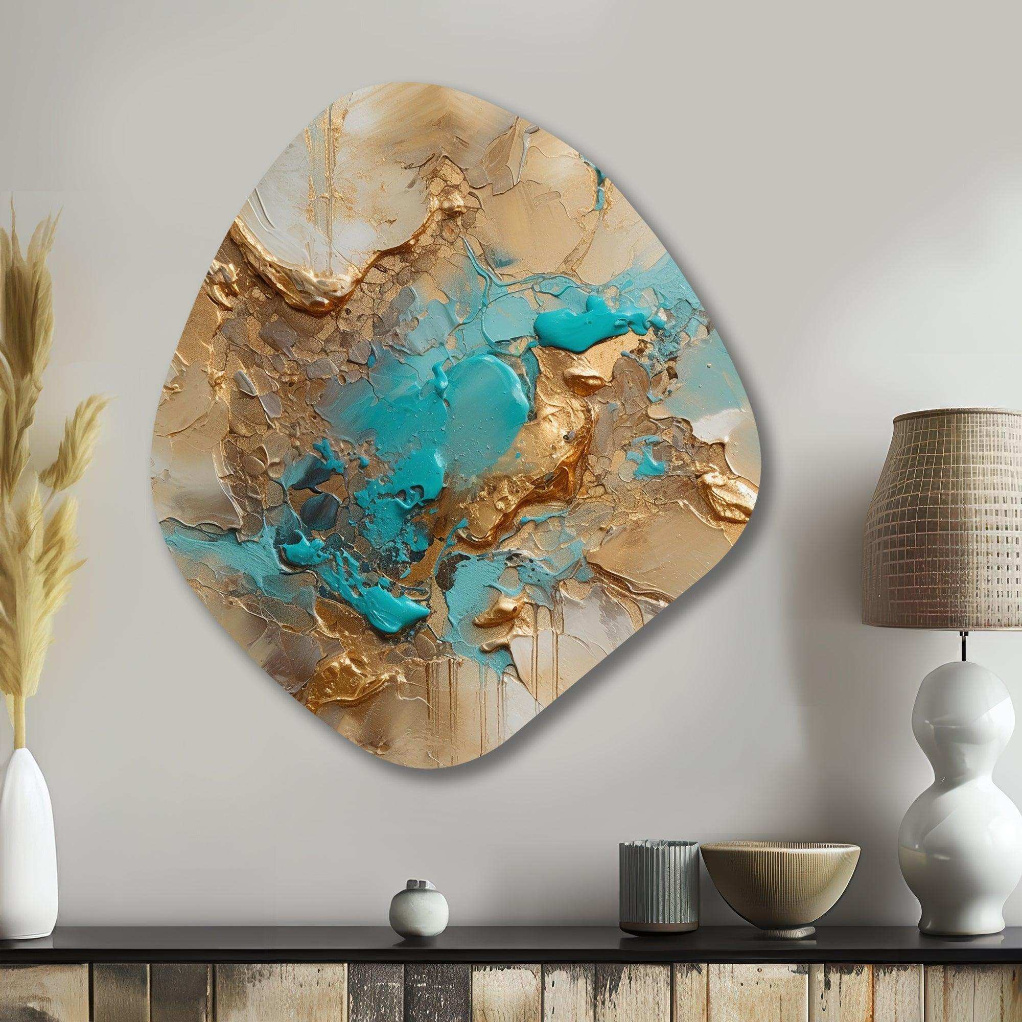 Gold Blue Transcendent Liquid Ink II - Asymmetric Metal Wall Art