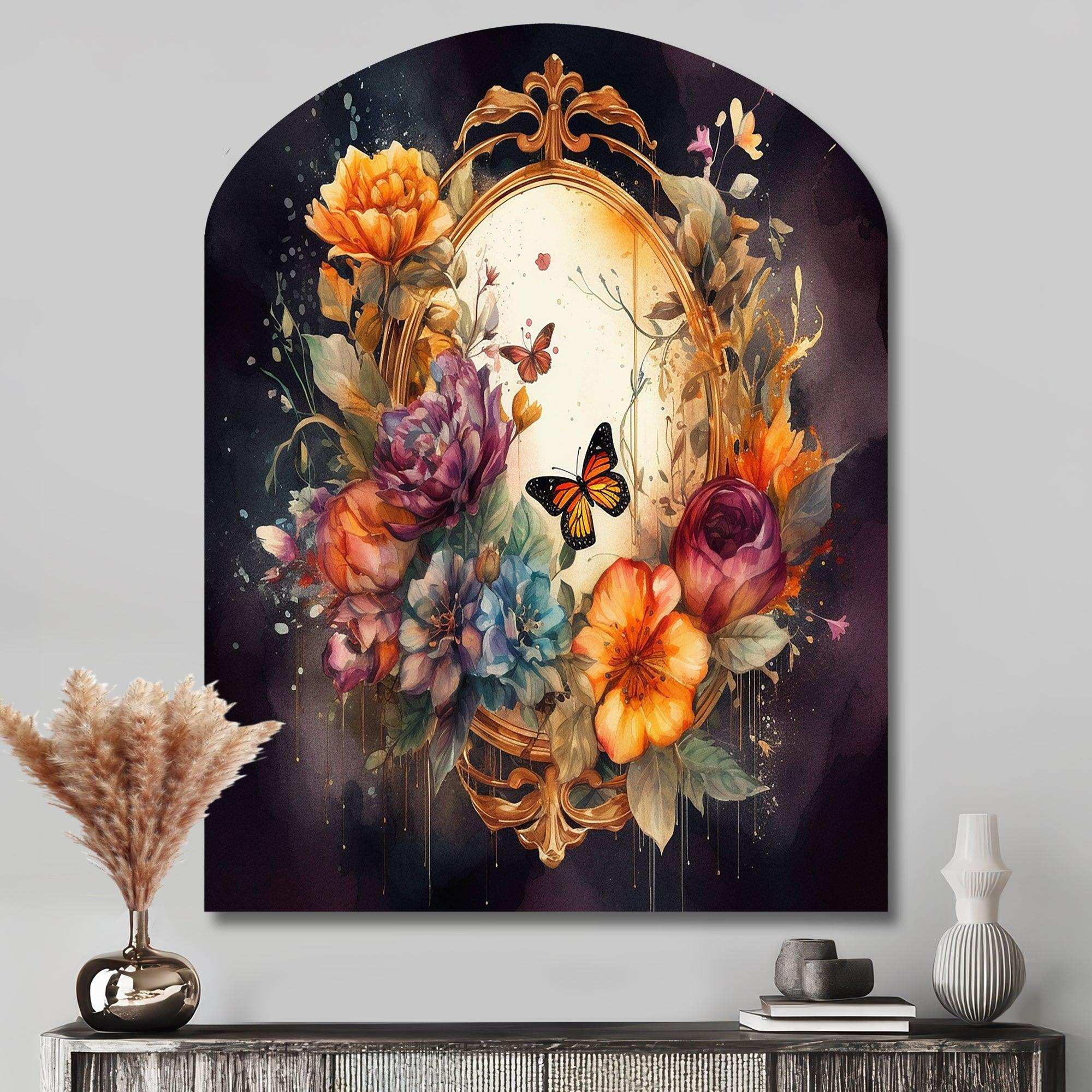 Antique Floral Mirror With Butterflies I - Asymmetric Metal Wall Art