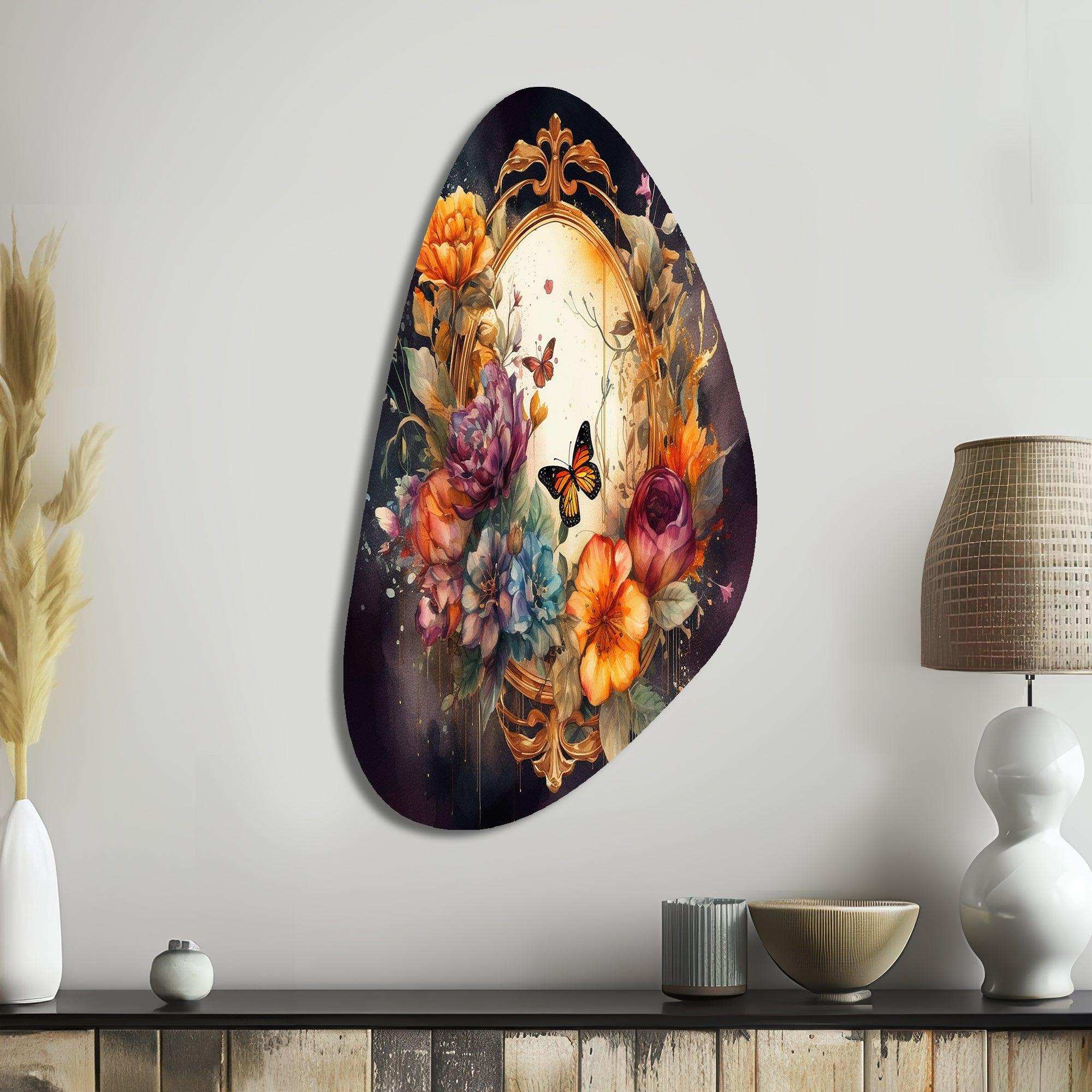 Antique Floral Mirror With Butterflies I - Asymmetric Metal Wall Art