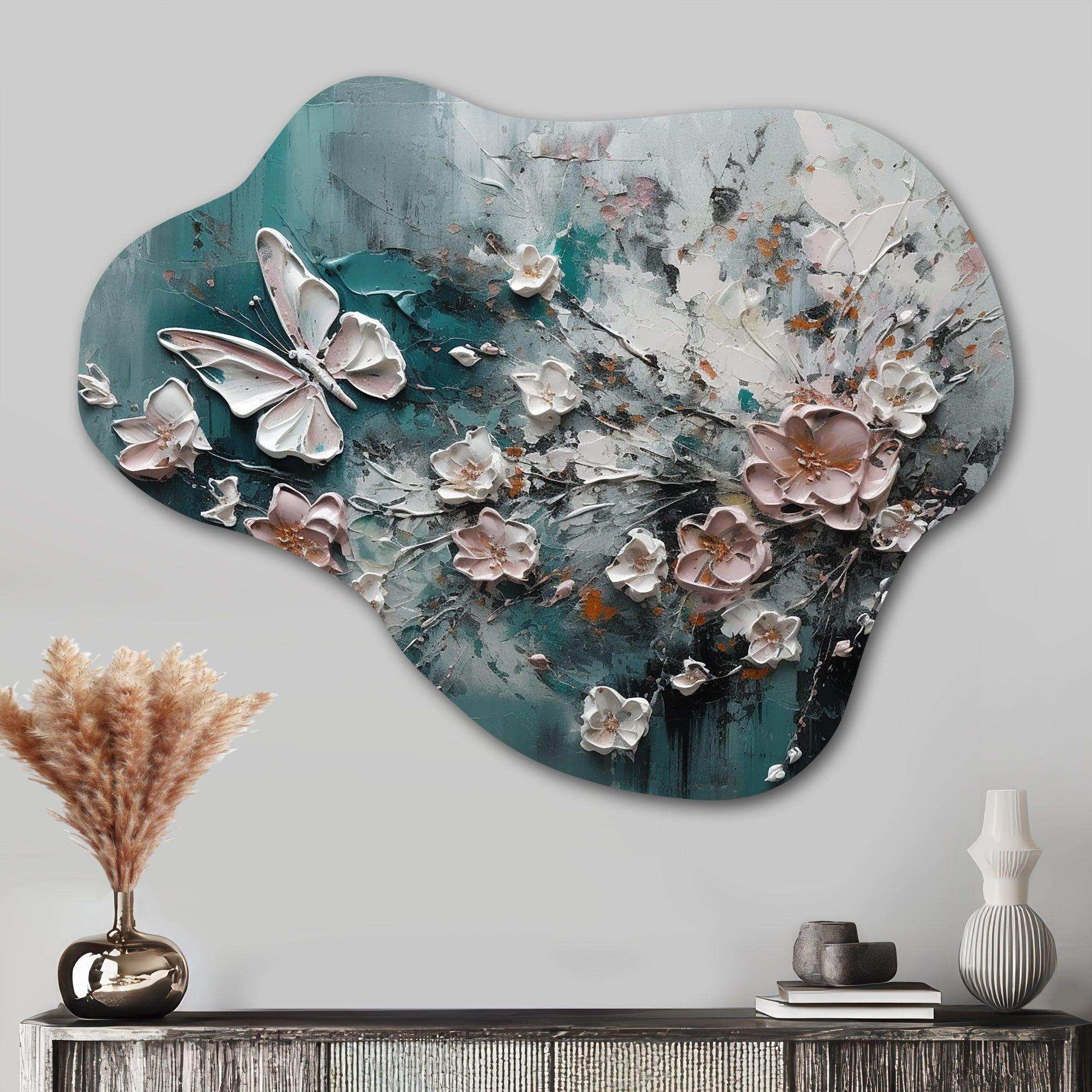 Flowers With Butterflies Painting I - Asymmetric Metal Wall Art