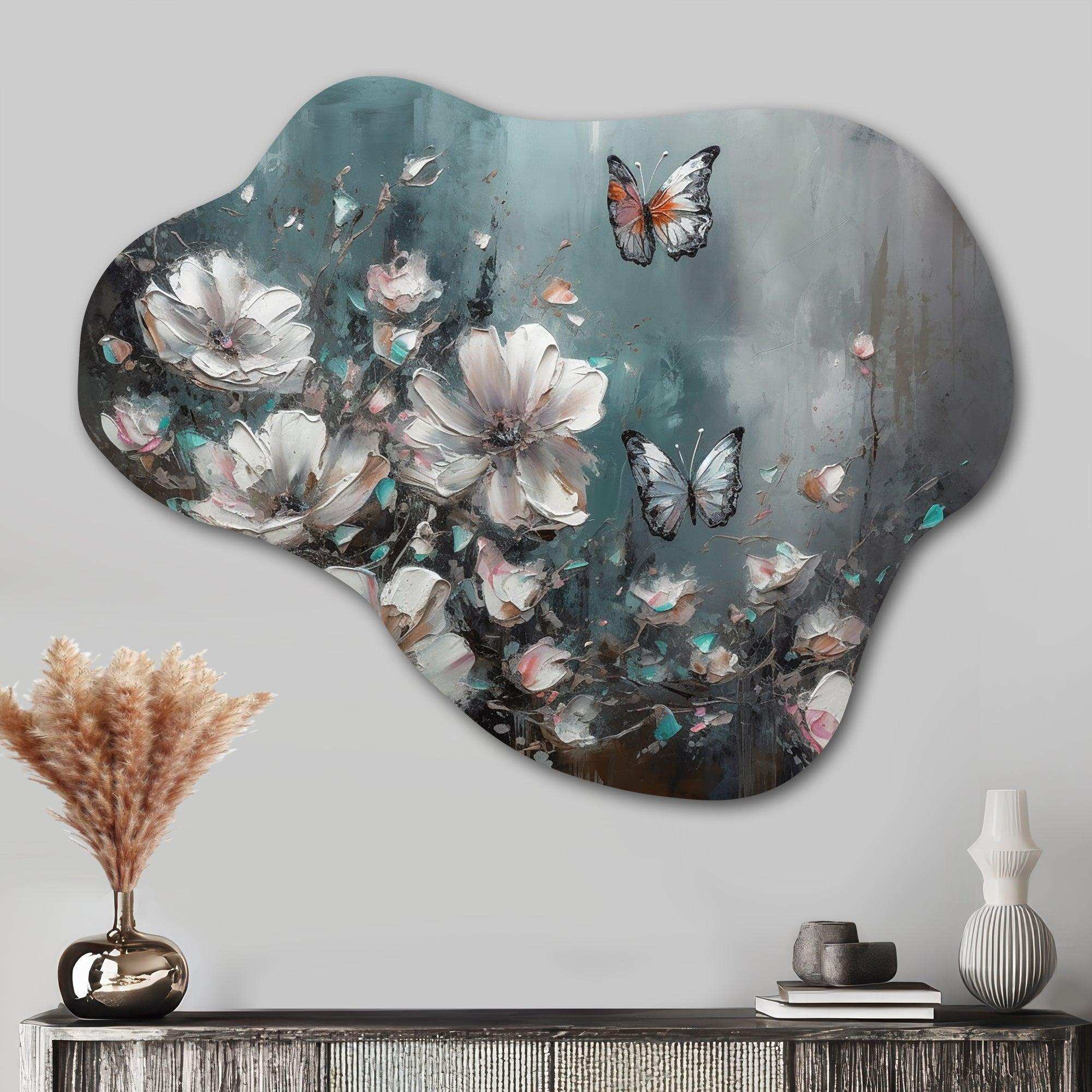 Flowers With Butterflies Painting II - Asymmetric Metal Wall Art