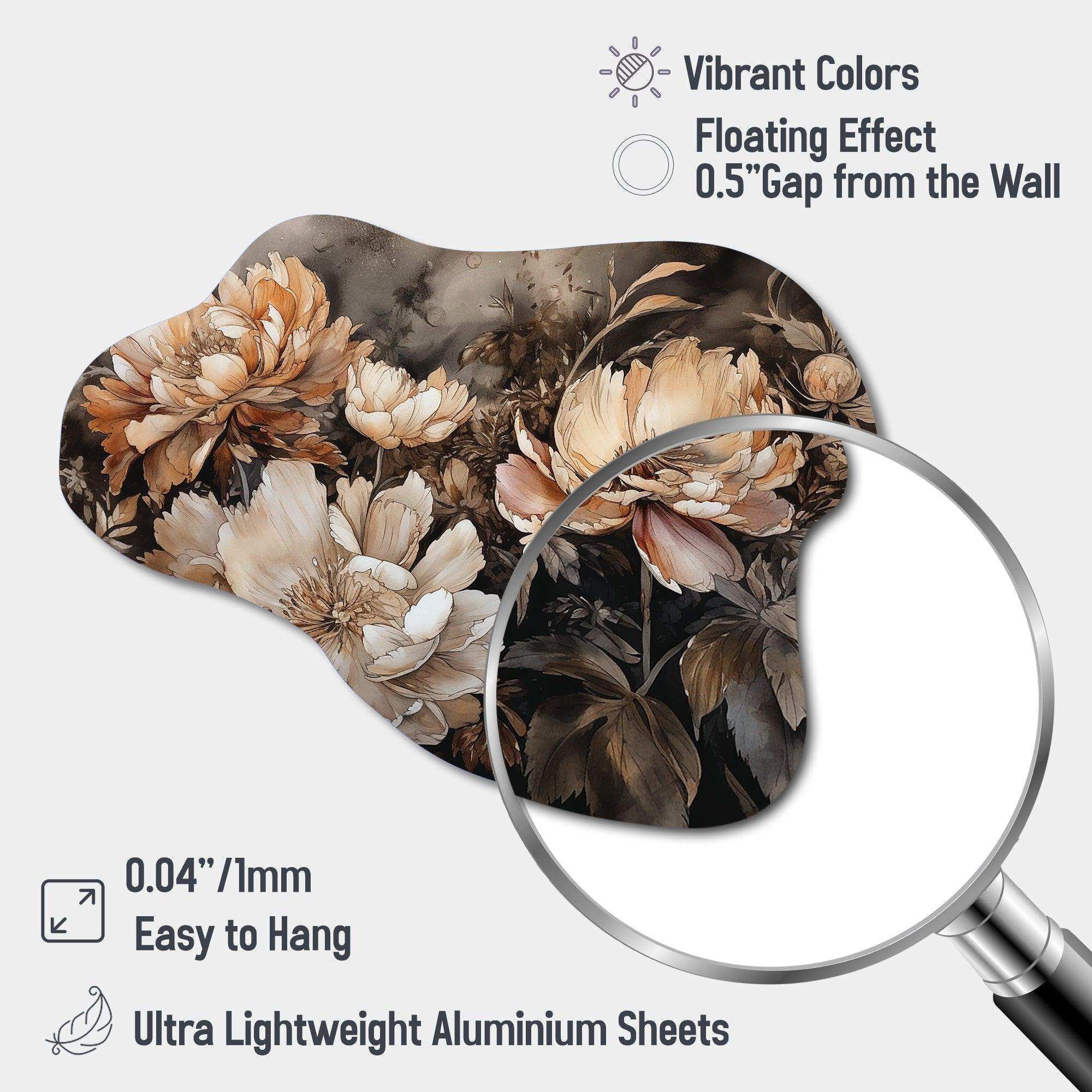 Cream Brown Peony Blooms In Motion - Asymmetric Metal Wall Art