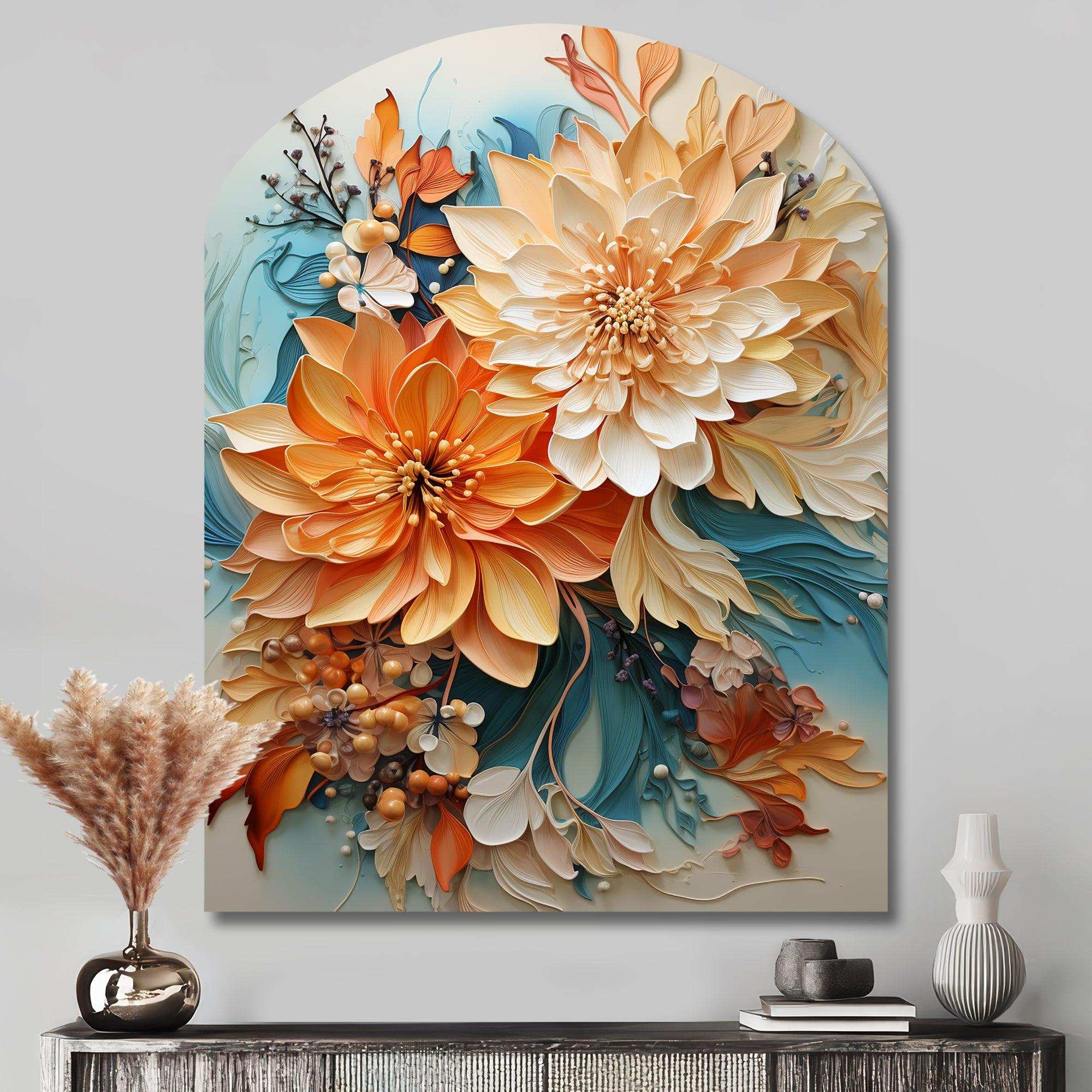 Orange Teal Botanical Whirlwind I - Asymmetric Metal Wall Art