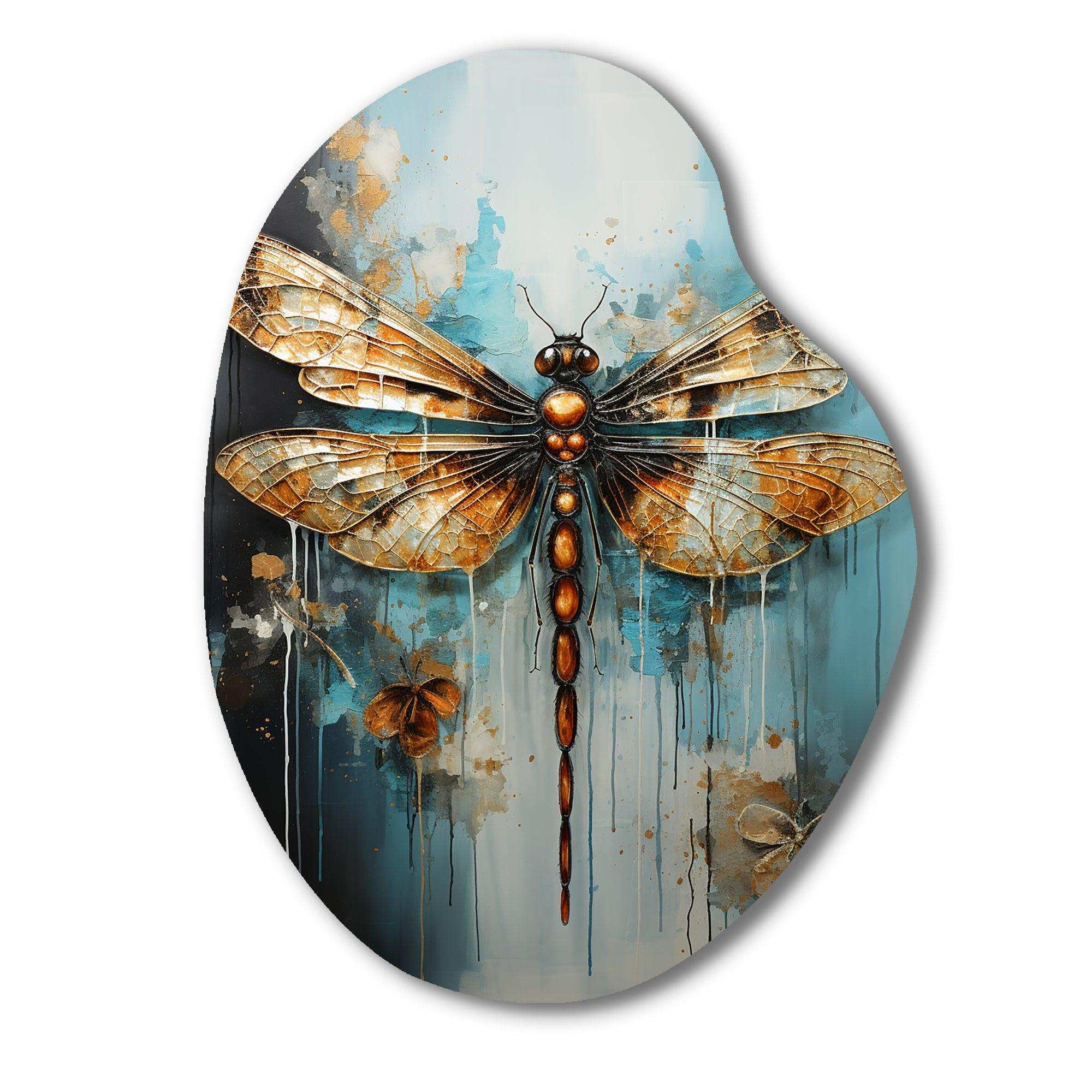 Gold Animal Turquoise Dragonfly Drips - Asymmetric Metal Wall Art