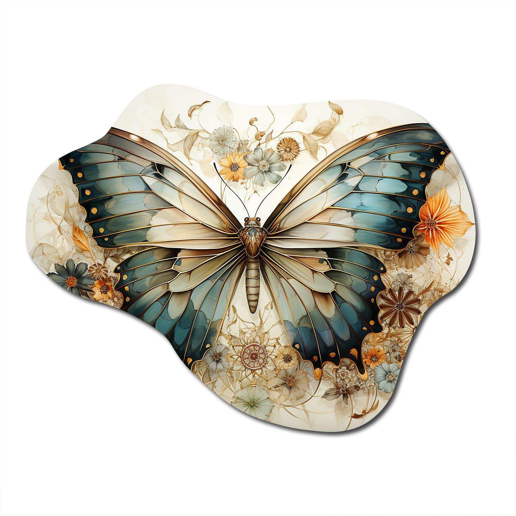Teal Beige Butterfly Intricate Patterns - Asymmetric Metal Wall Art
