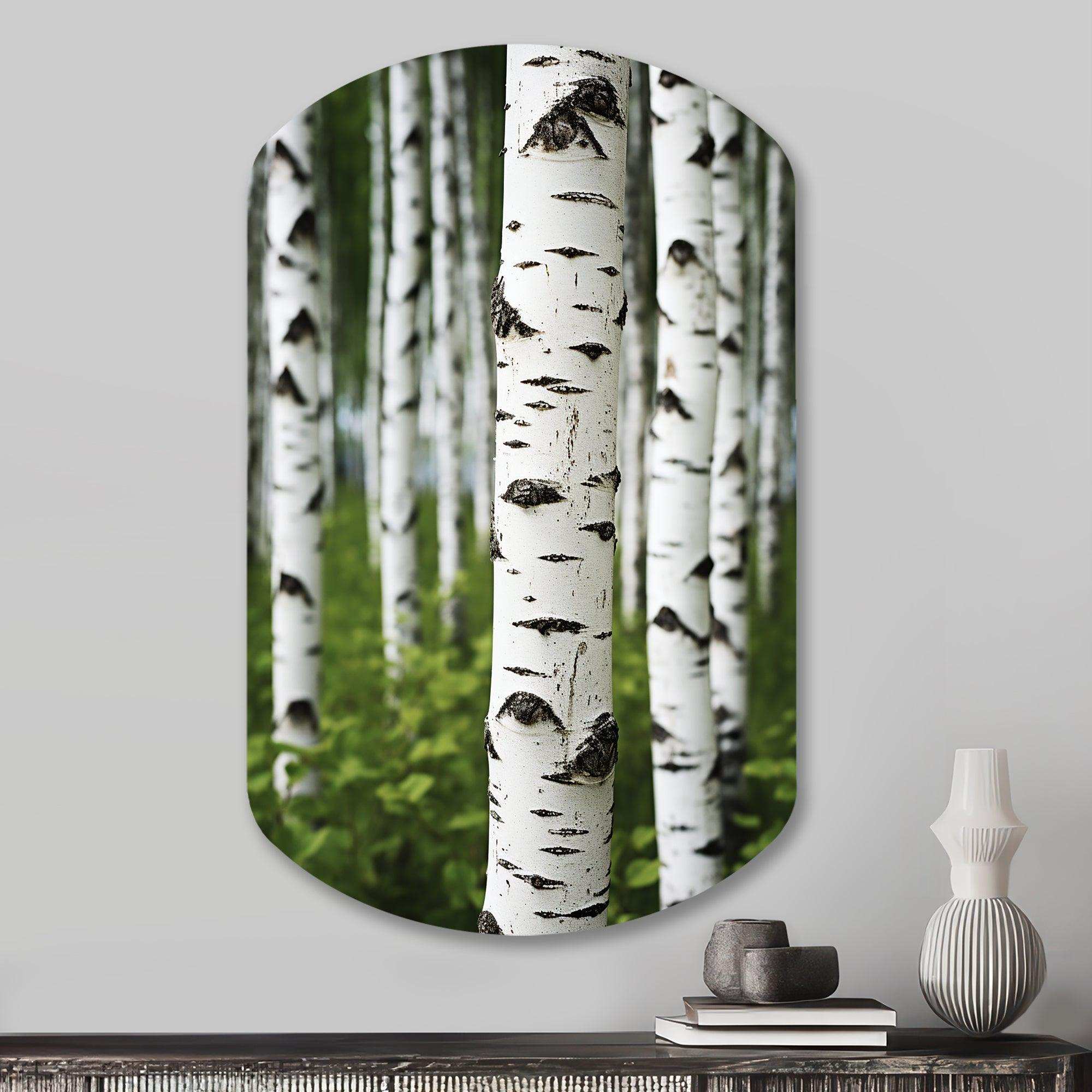 White Green Birch Tree Whispers III - Asymmetric Metal Wall Art