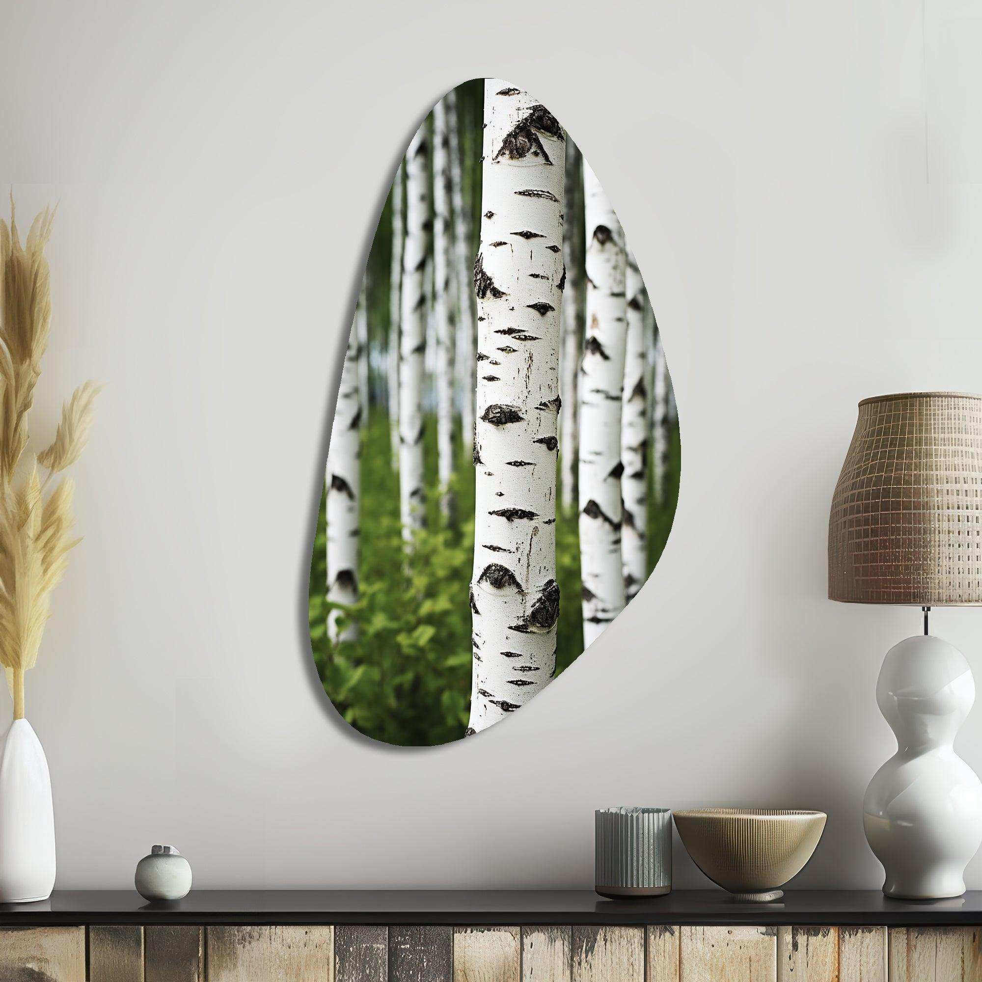 White Green Birch Tree Whispers III - Asymmetric Metal Wall Art
