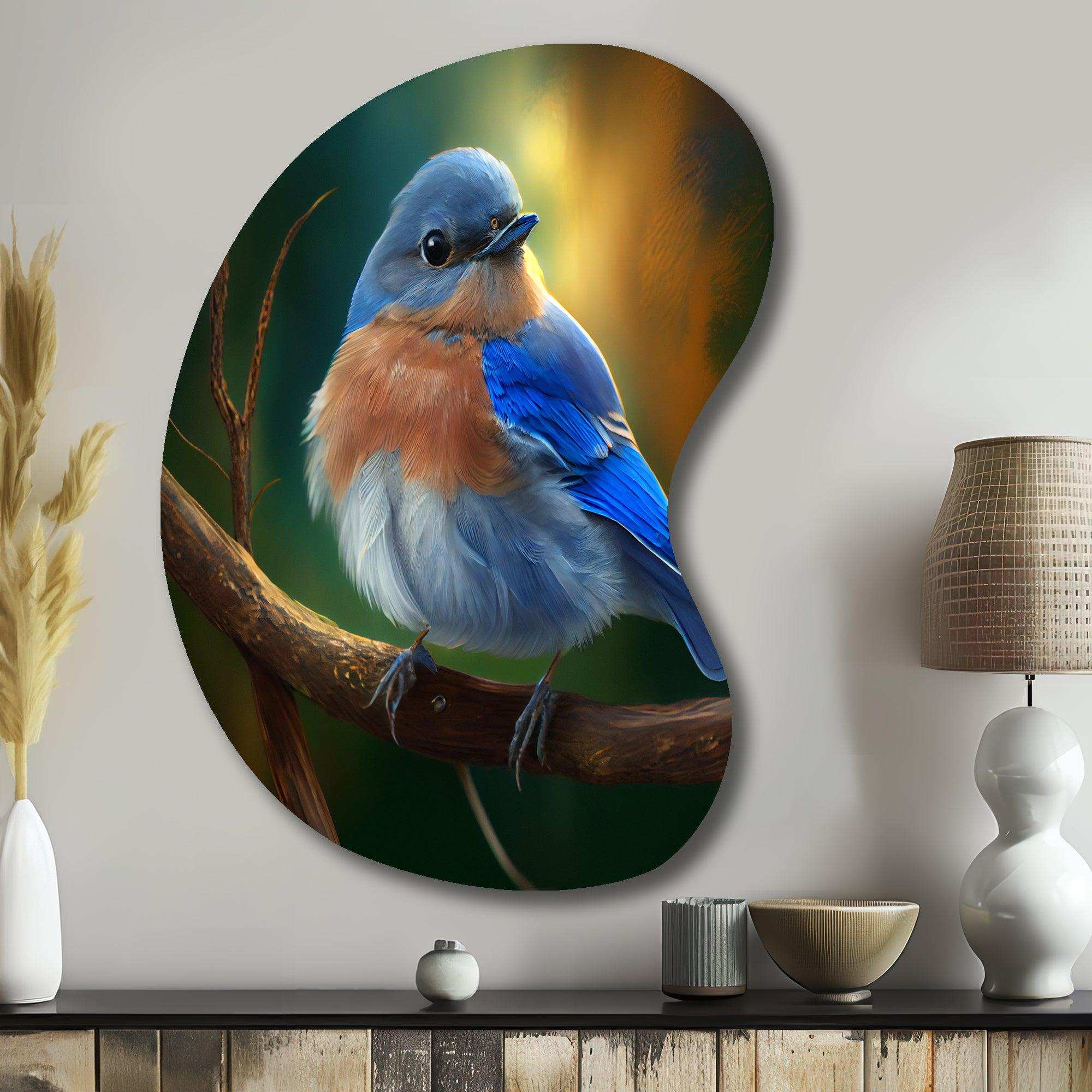Beautiful Bright Bluebird On A Branch III - Asymmetric Metal Wall Art