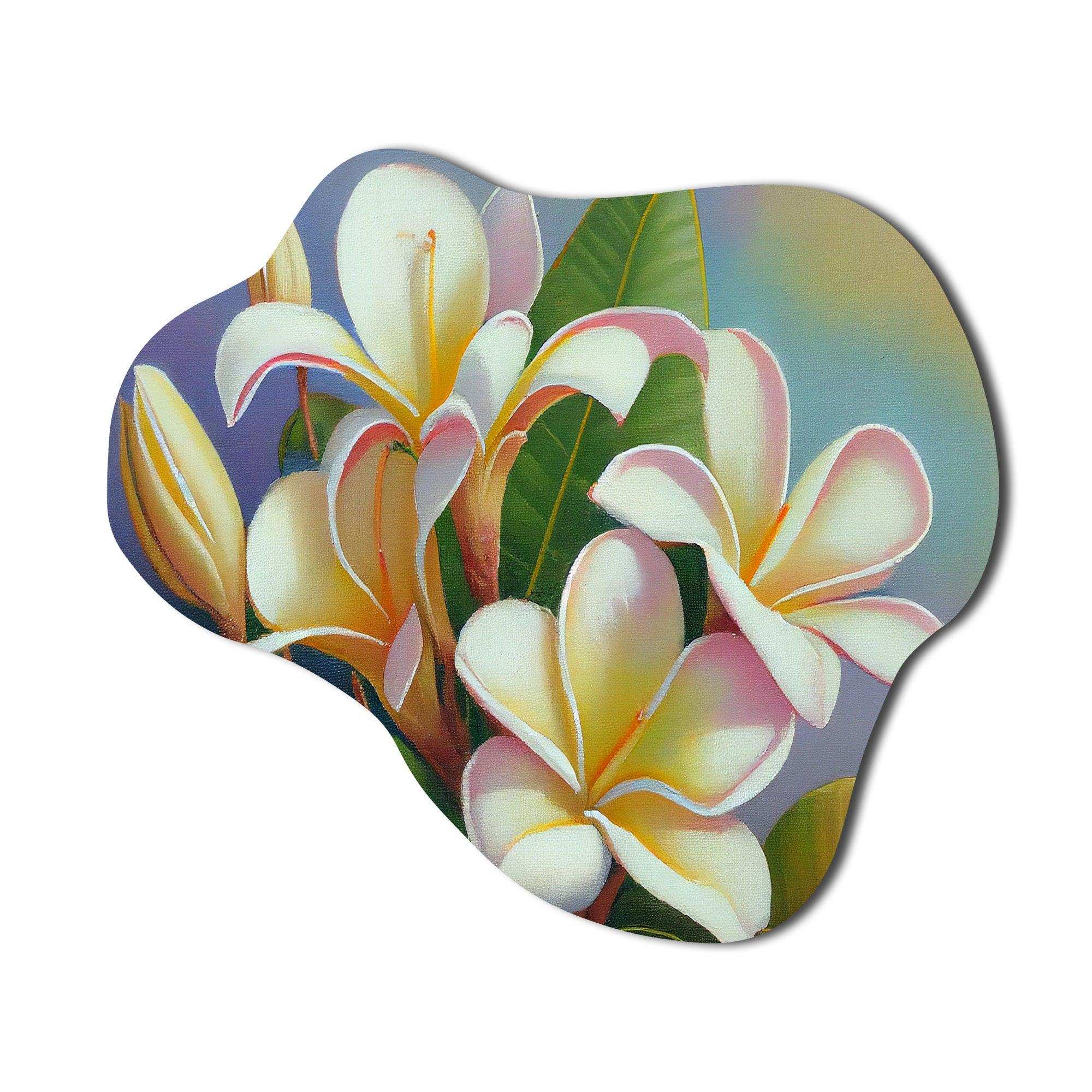White And Yellow Blossoming Plumeria III - Asymmetric Metal Wall Art
