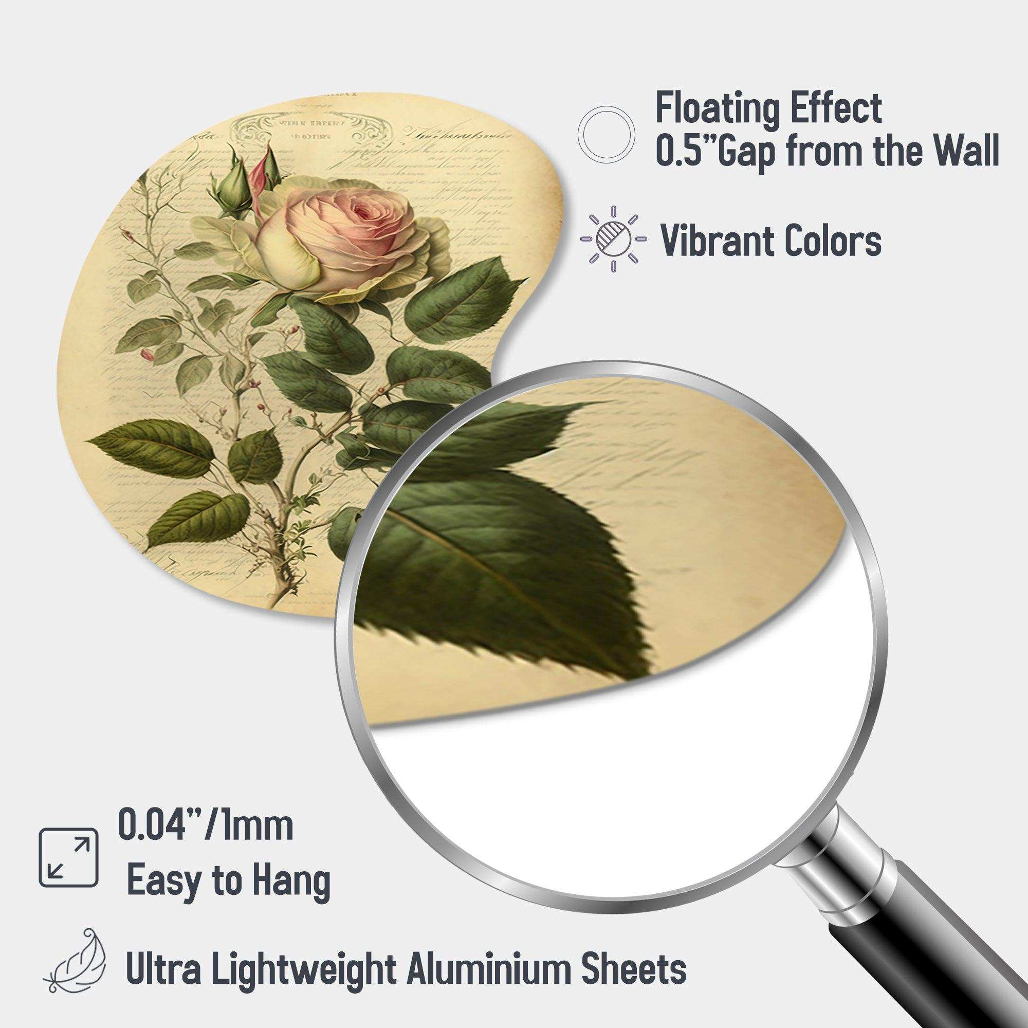 Victorian Retro Pink Rose V - Asymmetric Metal Wall Art