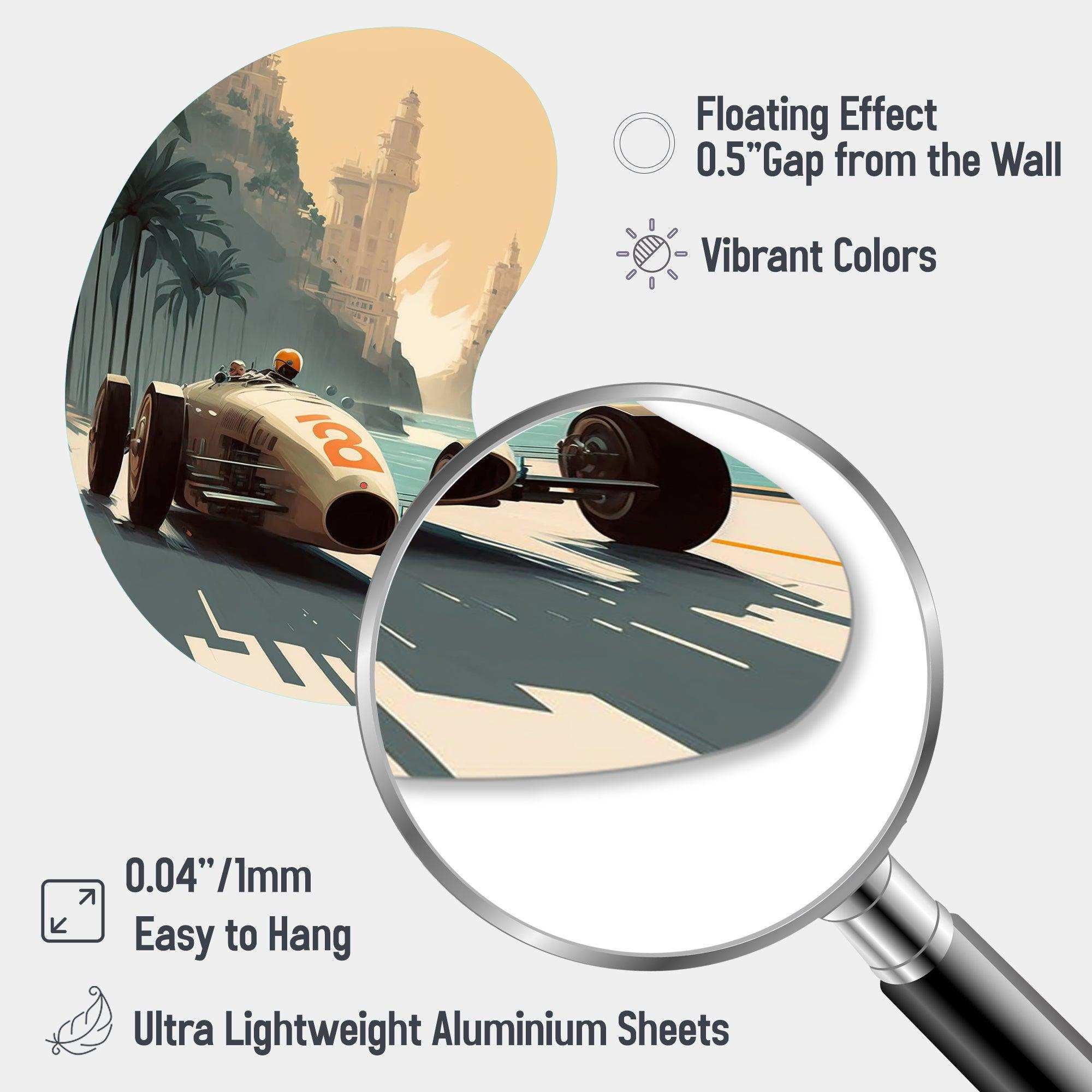 Retro Race Car In Monaco Street Race II - Asymmetric Metal Wall Art