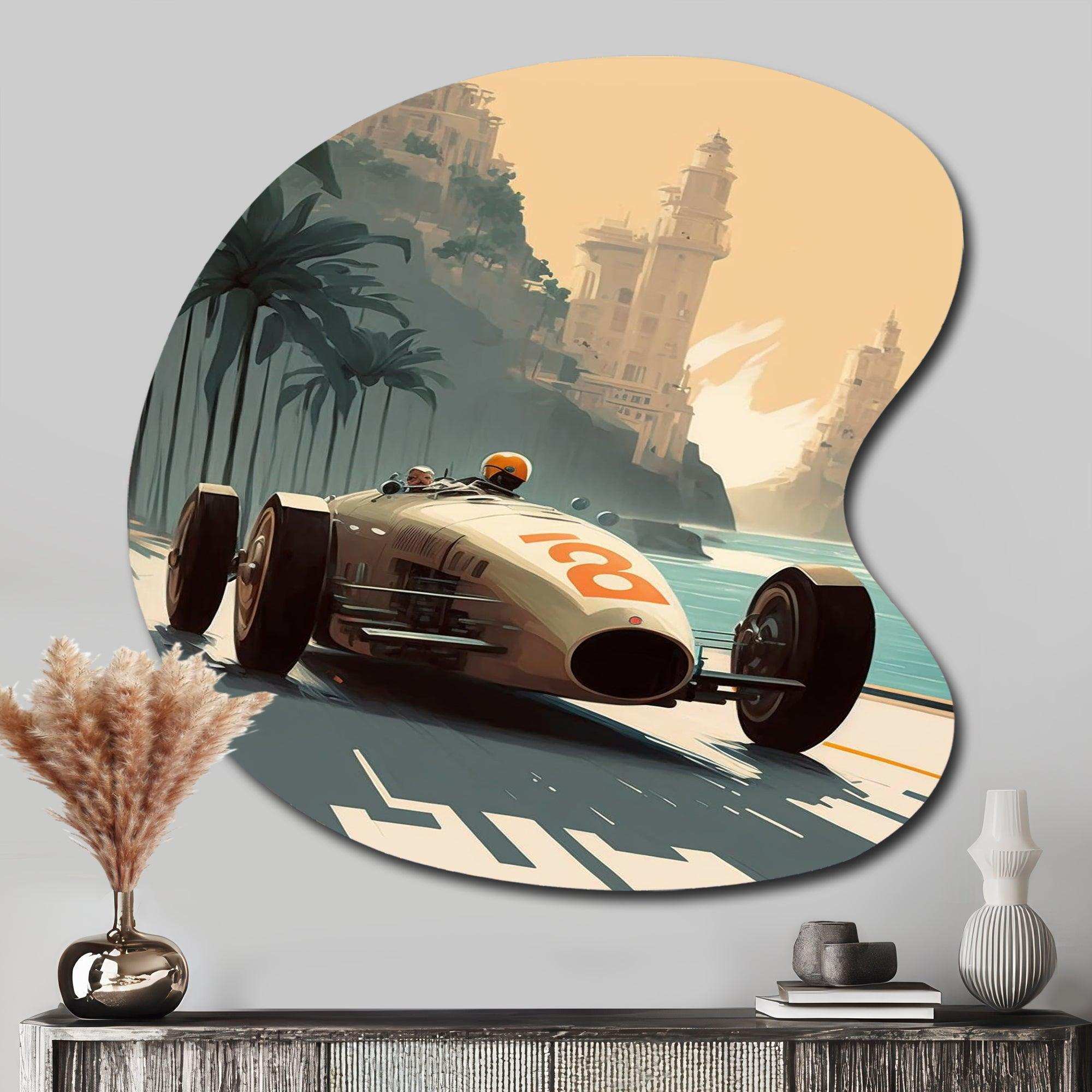 Retro Race Car In Monaco Street Race II - Asymmetric Metal Wall Art