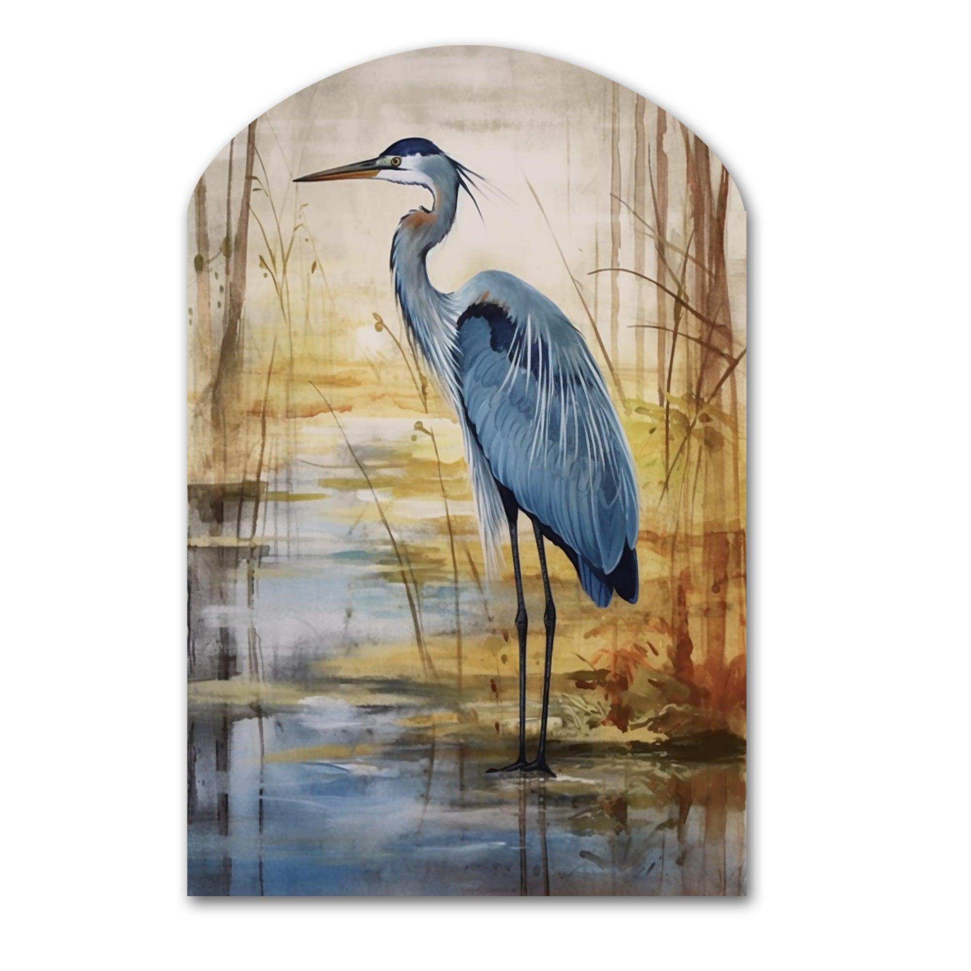 Blue Heron By The Watersite Watercolor - Asymmetric Metal Wall Art