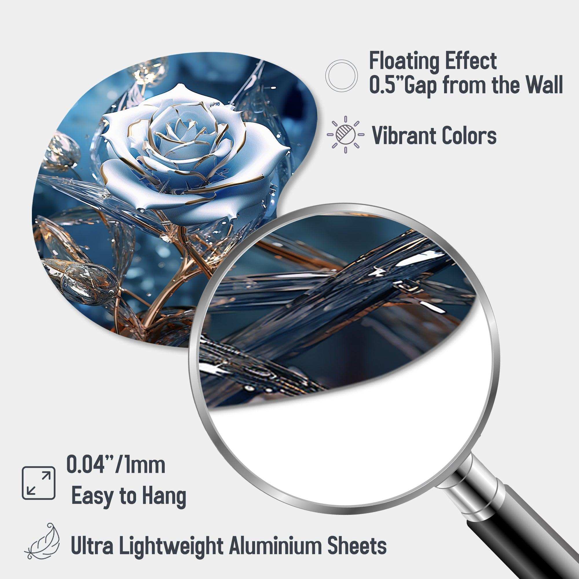 Gilded Blue Rose Shining In The Morning Light - Asymmetric Metal Wall Art