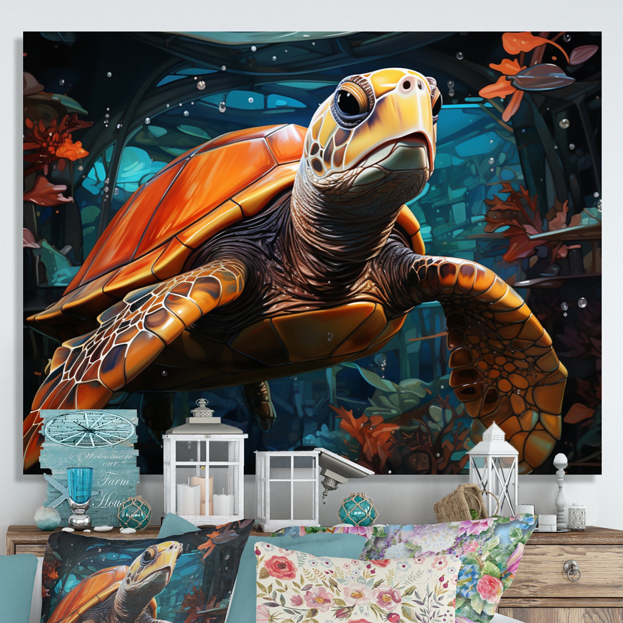Turtle Journey Floral Geometric - Brown Turtle Wall Art