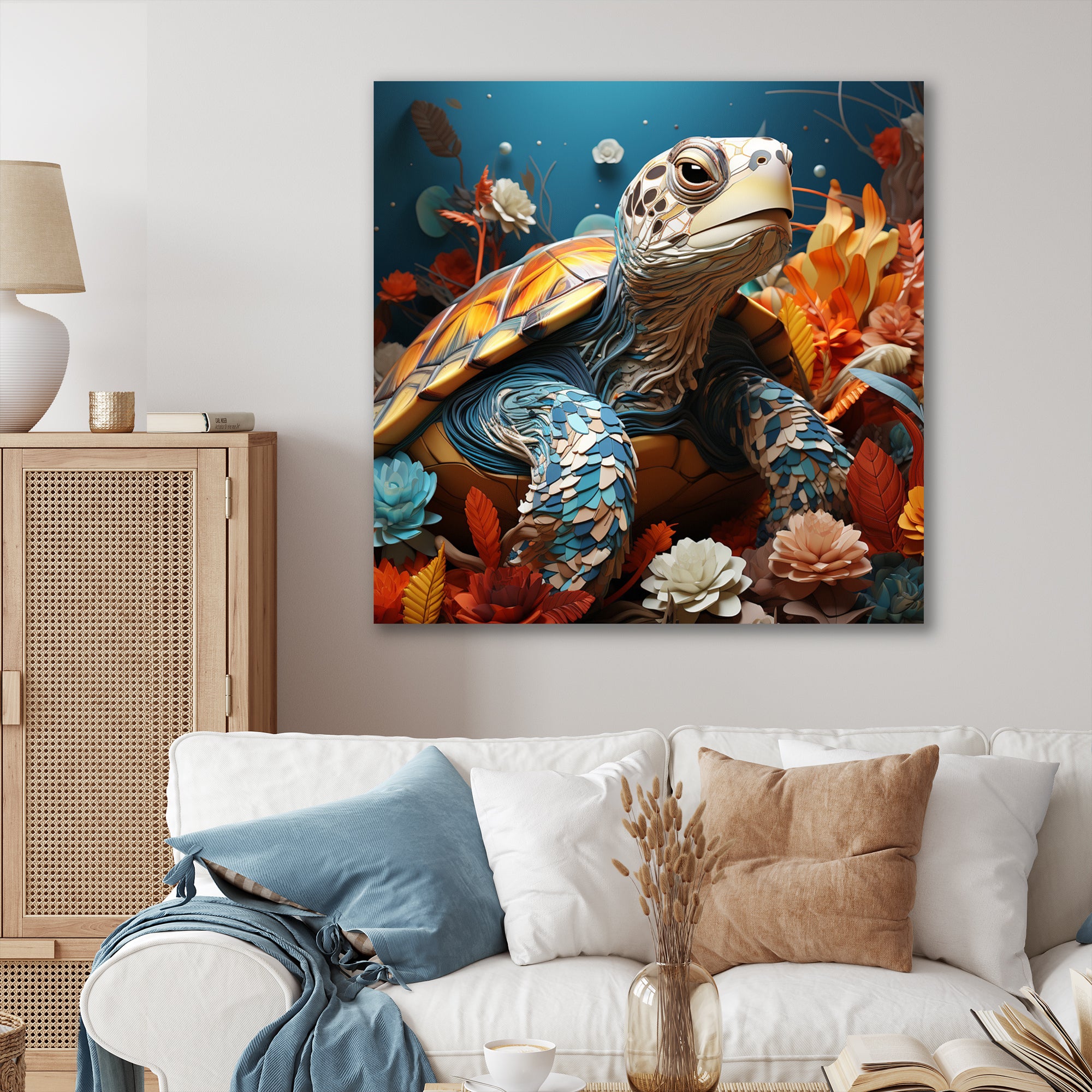 Turtle Journey Coral Geometric - Turtle Framed Canvas Art